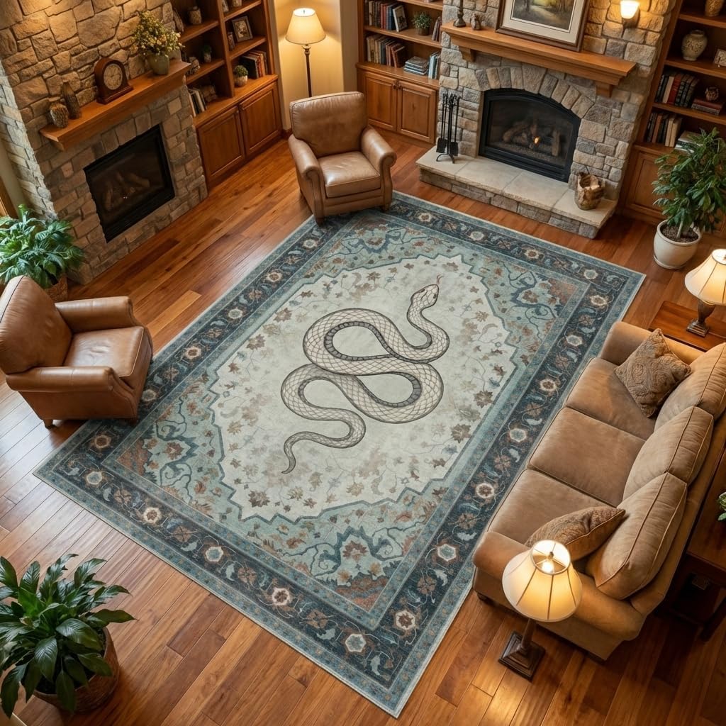 8x10 Area Rug Vintage Persian Snake Motif Rug with Non Slip Backing, Washable Low Pile Soft Off-White Teal Blue Carpet for Bedroom, Living Room, Home Office, Eclectic Decor