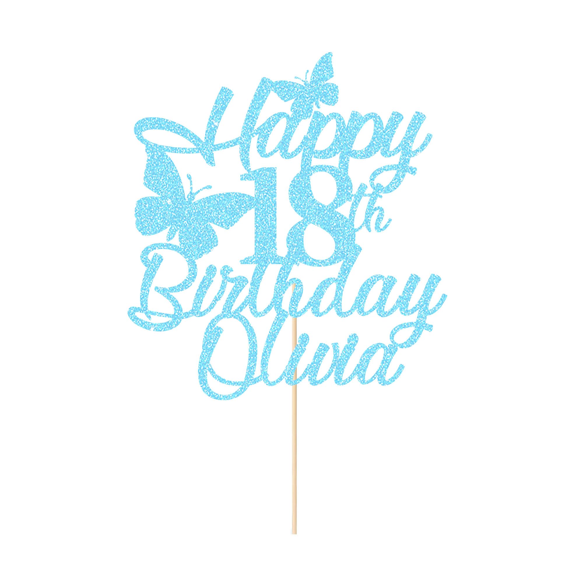 Personalised Happy Birthday Cake Topper Multicolour Birthday Cake Topper Double Sided Glitter Butterfly Cake Topper Decorations for Women Men Girl Boy(Baby Blue)