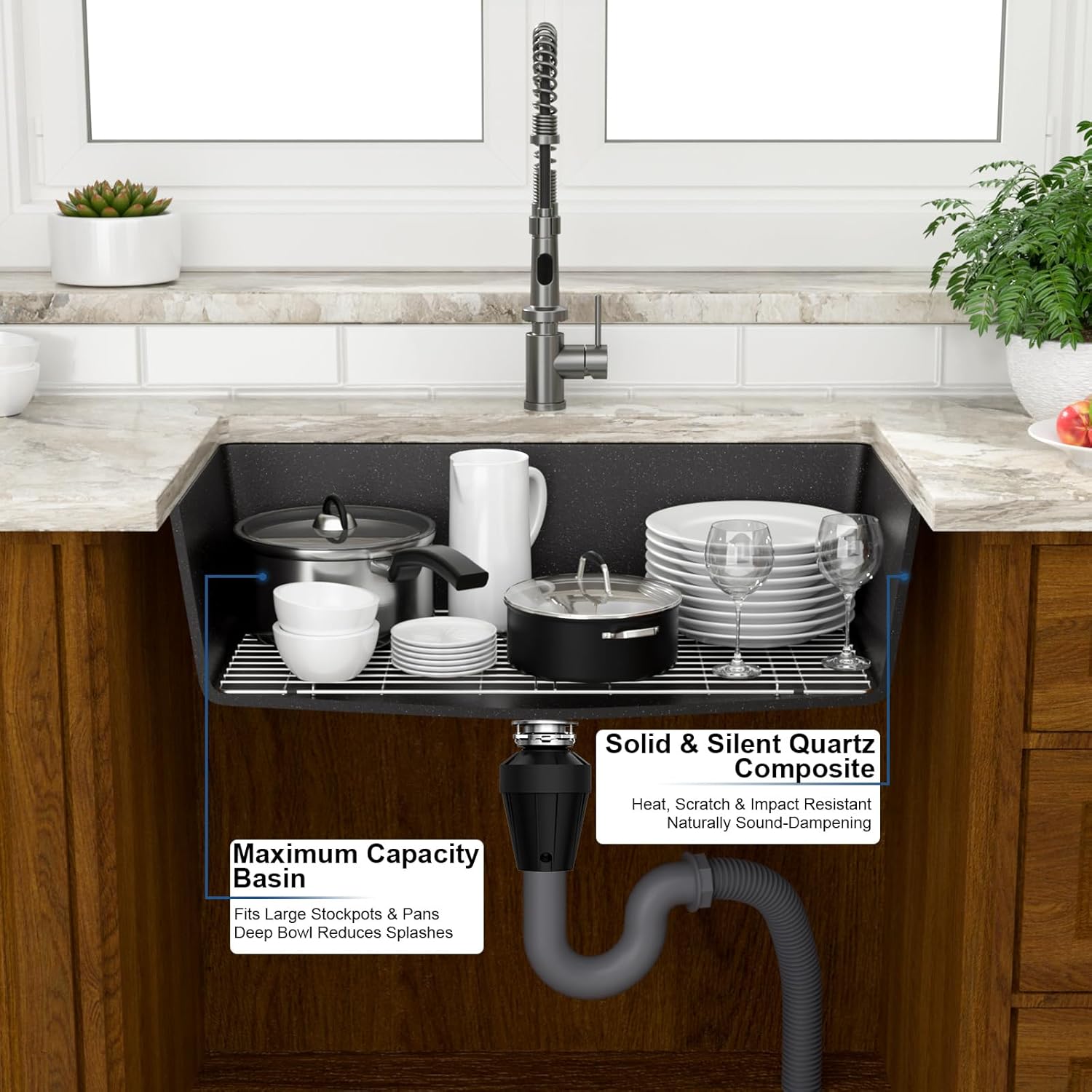 Mocoloo 33 Inch Granite Composite Kitchen Sink - 33 x 19 inch Black Undermount Kitchen Sinks, Matte Black Quartz Single Bowl Under Counter Sink