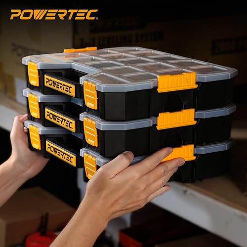 Miniatura 7 de POWERTEC Caja organizadora de herramientas apilable con separadores extraíbles, 17 compartimentos, entrelazado, diseño portátil, paquete de 2