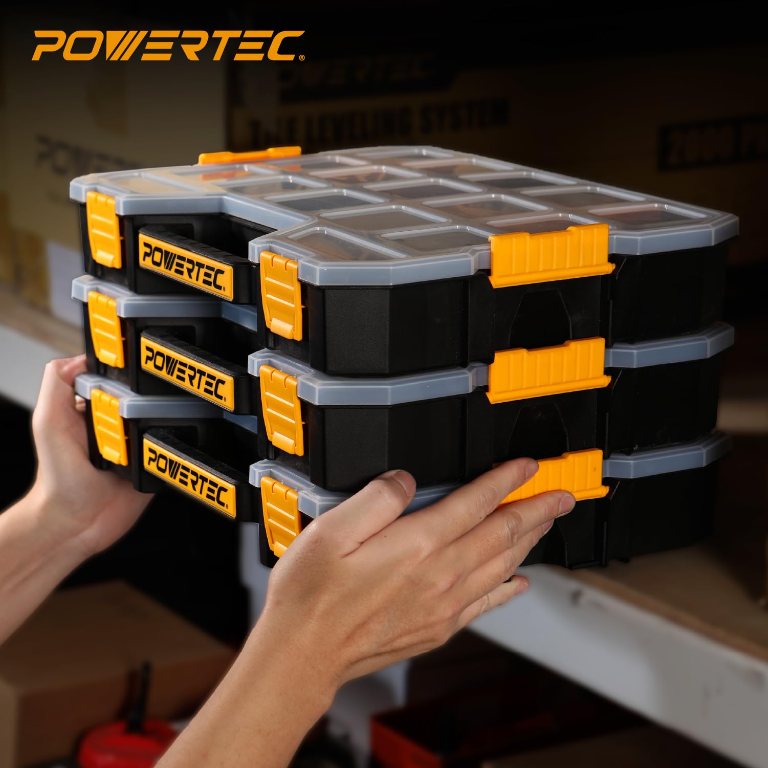 POWERTEC Organizer impilabile per cassetta degli attrezzi con divisori rimovibili, 17 scomparti, design portatile, confezione da 2 (72118-P2)
