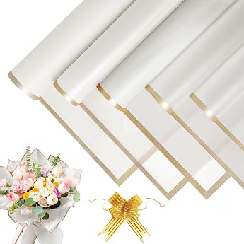 20 Sheets Bouquet of Wrapping Paper - Waterproof Wrapping Paper Flower Paper with Ribbon Floral Paper for Gift Wrapping Flowers Arts and Crafts White 58 x 58 cm