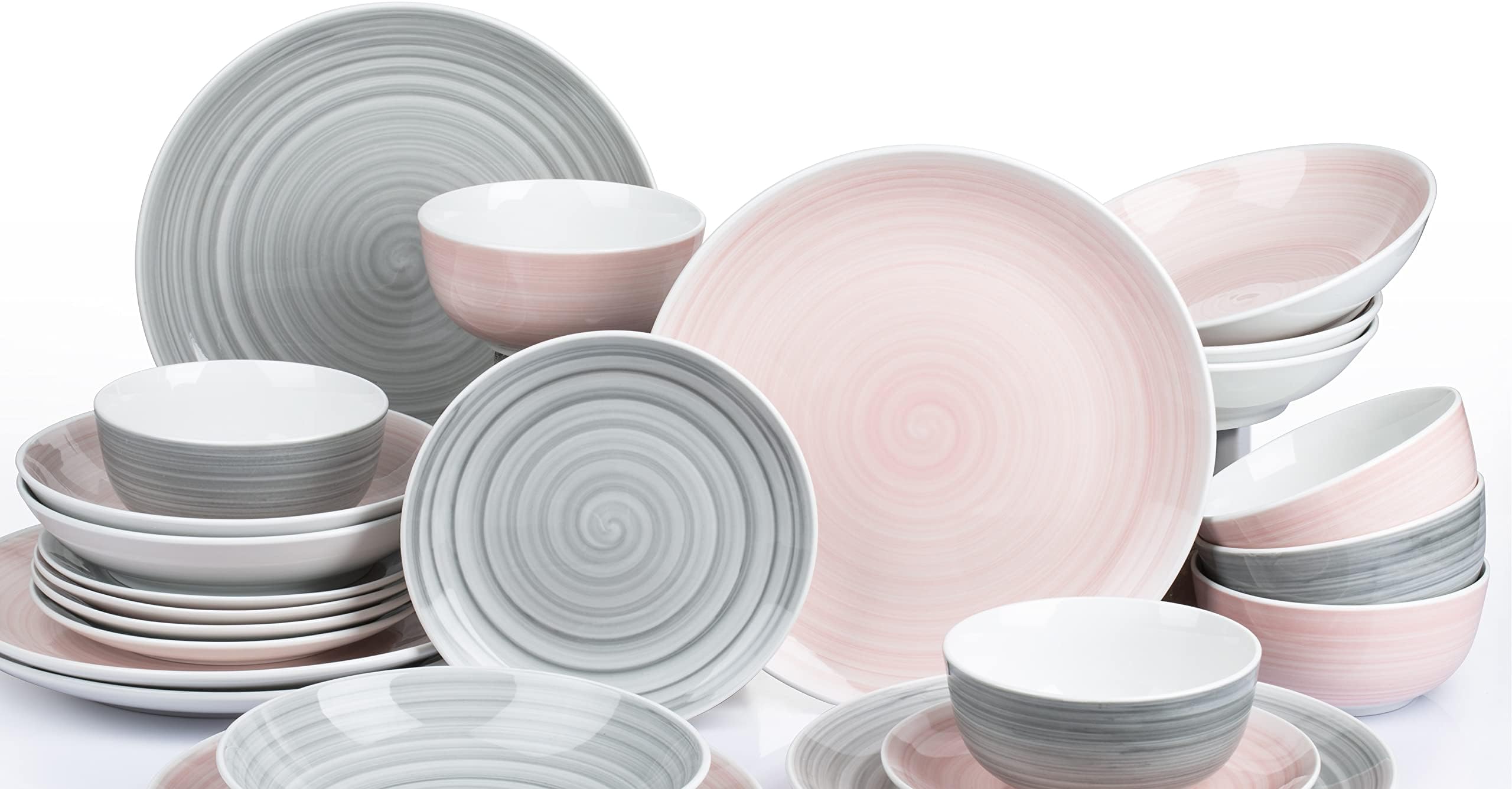 Waterside Fine China 24 Piece Pink & Grey Spin Wash Dinner Set