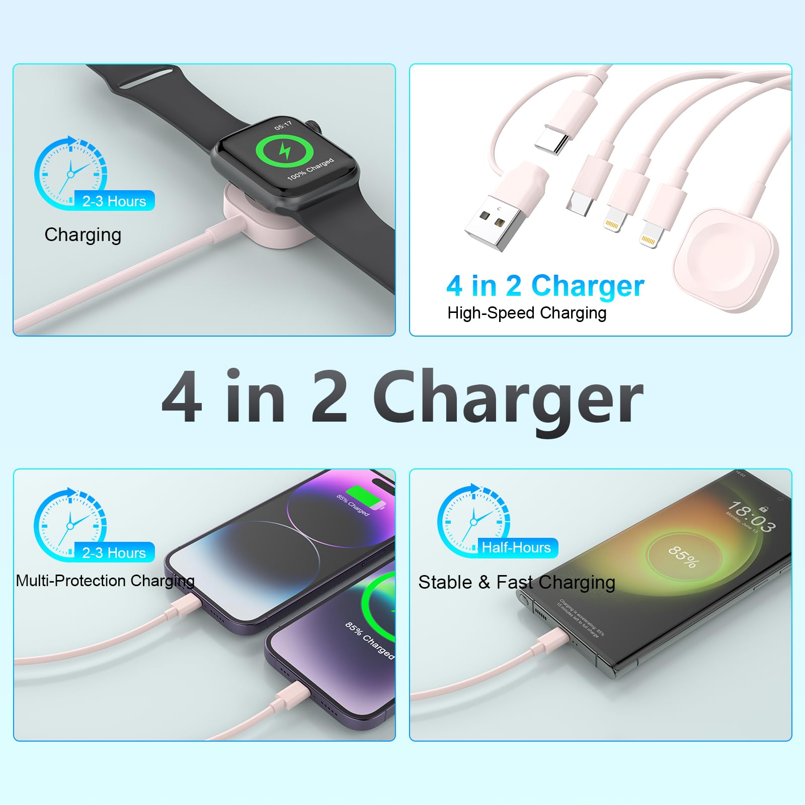 4 in 2 iWatch Charger Cable for Watch and iPhone, 6FT/1.8M Charging Cable iPhone and Watch Charger Combo, Multi iWatch Charger Cord, Travel iPhone and iWatch Charger for Apple Watch/iPhone/AirPods