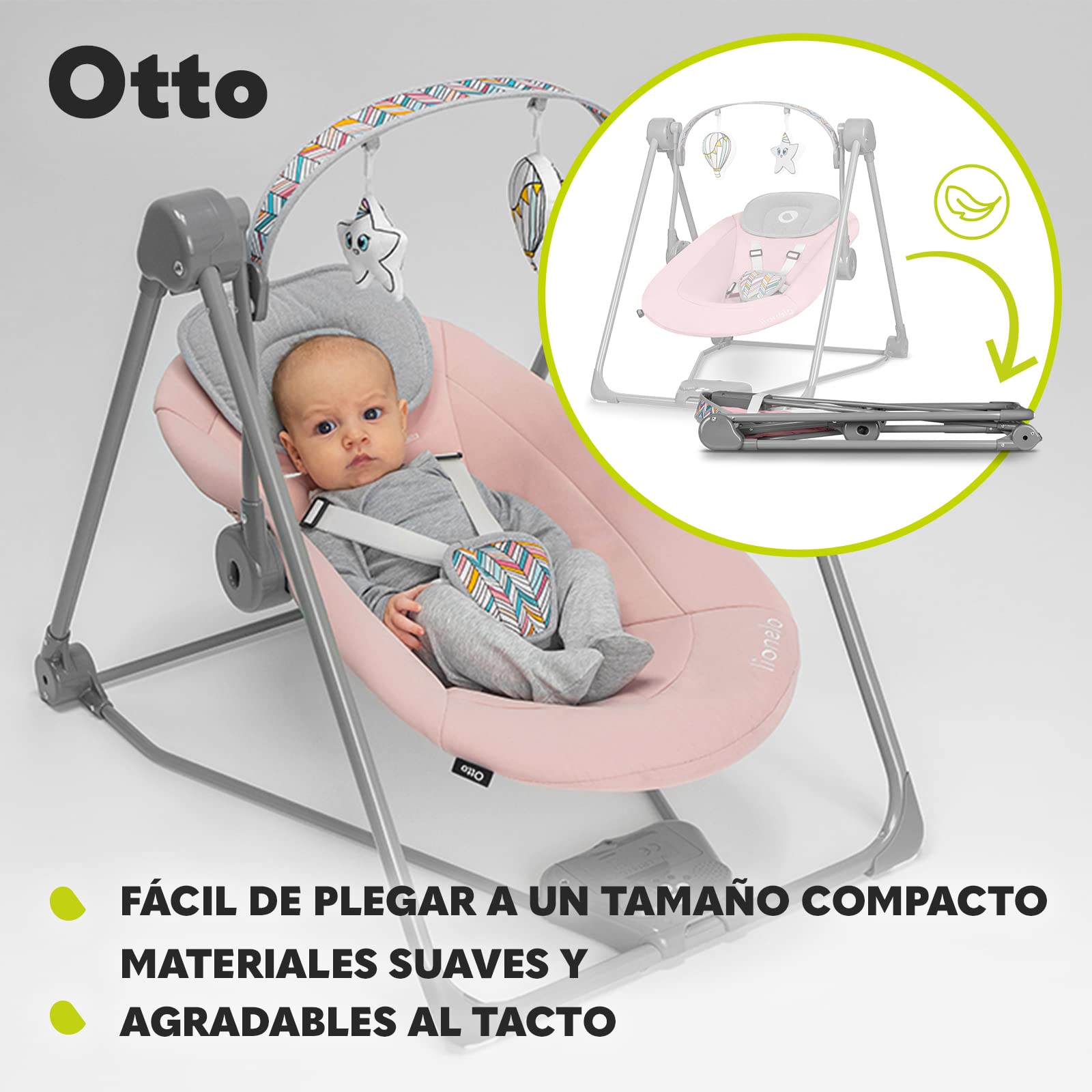 LIONELO Otto Columpio portátil para bebés hasta 9 kg, 5 velocidades de balanceo, Sistema de Cinturones de Seguridad, Fácil Montaje, Arco de Juguetes interactivos Ajustable Gris (Gris)