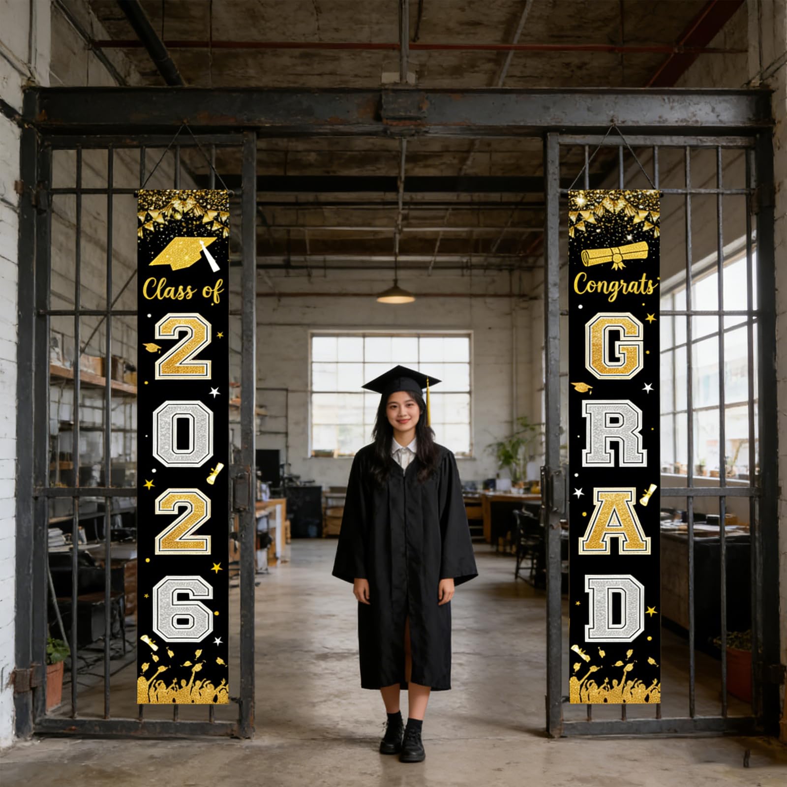 Graduation Decorations Class Of 2026 Banner Black And Gold Backdrop Banner - Image 5