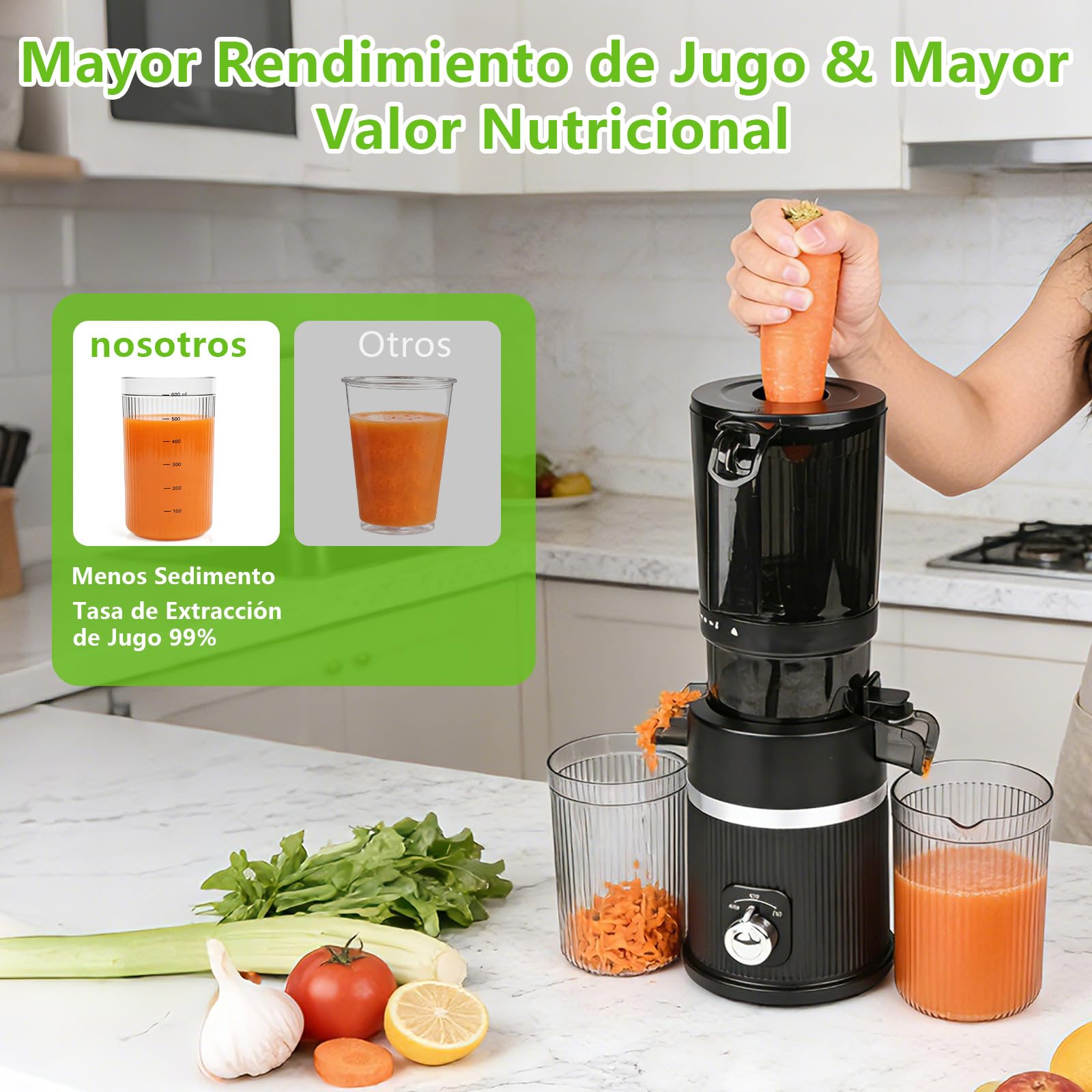 200W Extractor de Zumos y Verduras Juicer Machine,Slow Juicer con Entrada 112 mm, 1.7L para Verduras y Frutas Entera,Fácil Montaje y Limpieza,Sin BPA,Negro