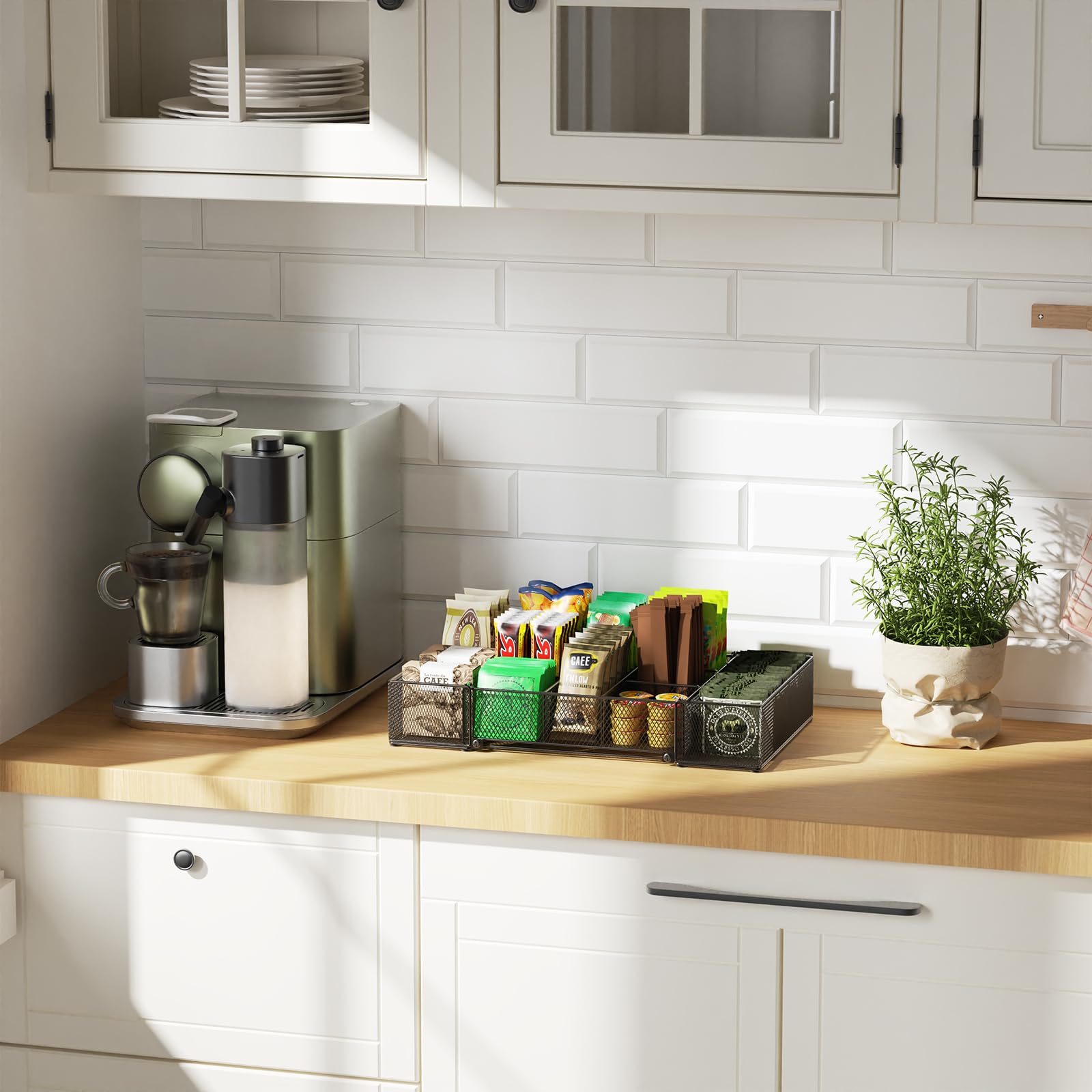 Organizador de aperitivos expandible, contenedor de aperitivos ajustable con 9 compartimentos, encimera de cocina y bandeja de almacenamiento de despensa para bolsas de té, cápsulas de