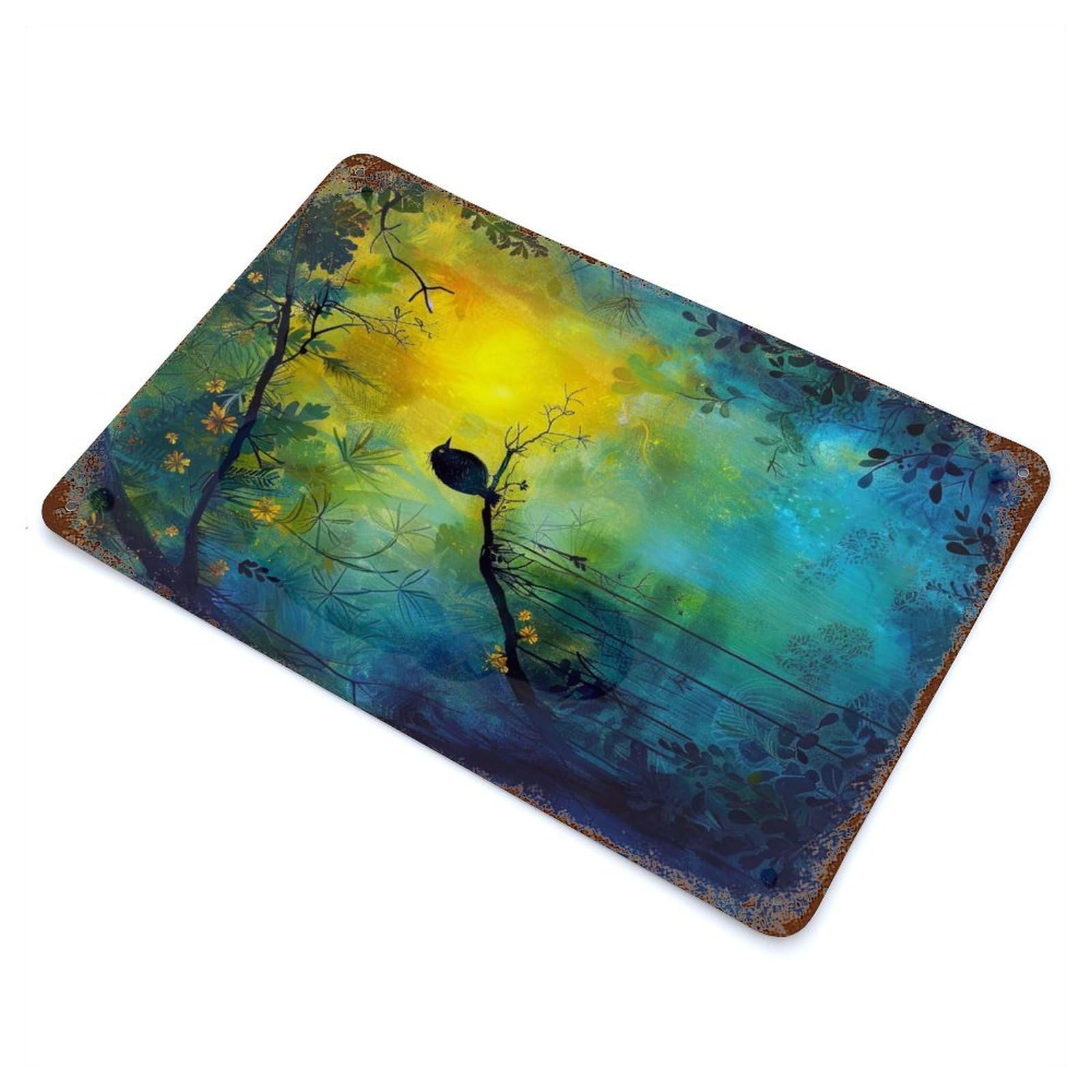 Aged Metal Wall Plaque with Mystical Forest Song Design 11.8"x7.9", for Cafe, Home Bar And Lounge Decor, Novelty Wall Decor