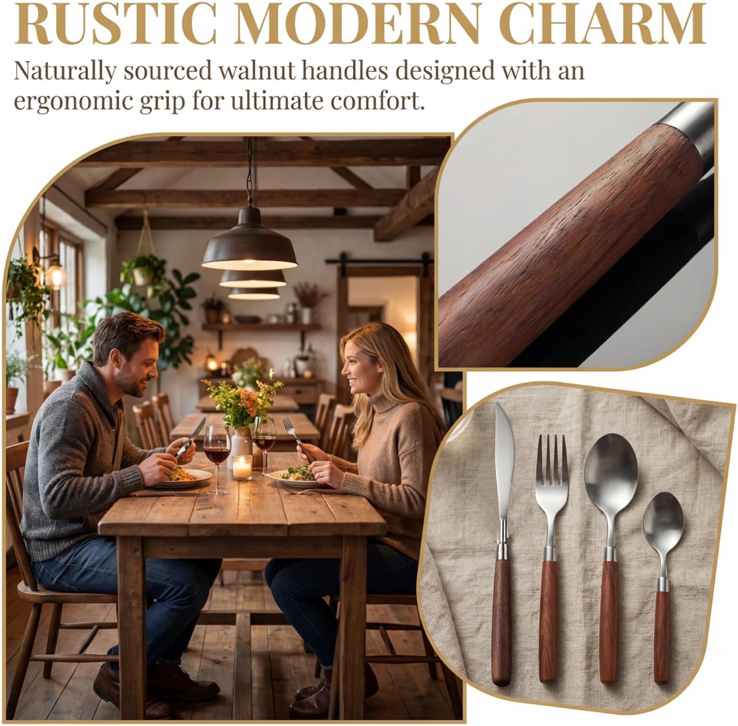Stainless Steel Silverware Set for 6 with Walnut Wood Handle, 24-Piece Matte Brushed Finish Flatware Set, Dishwasher Safe Cutlery for Home & Restaurant