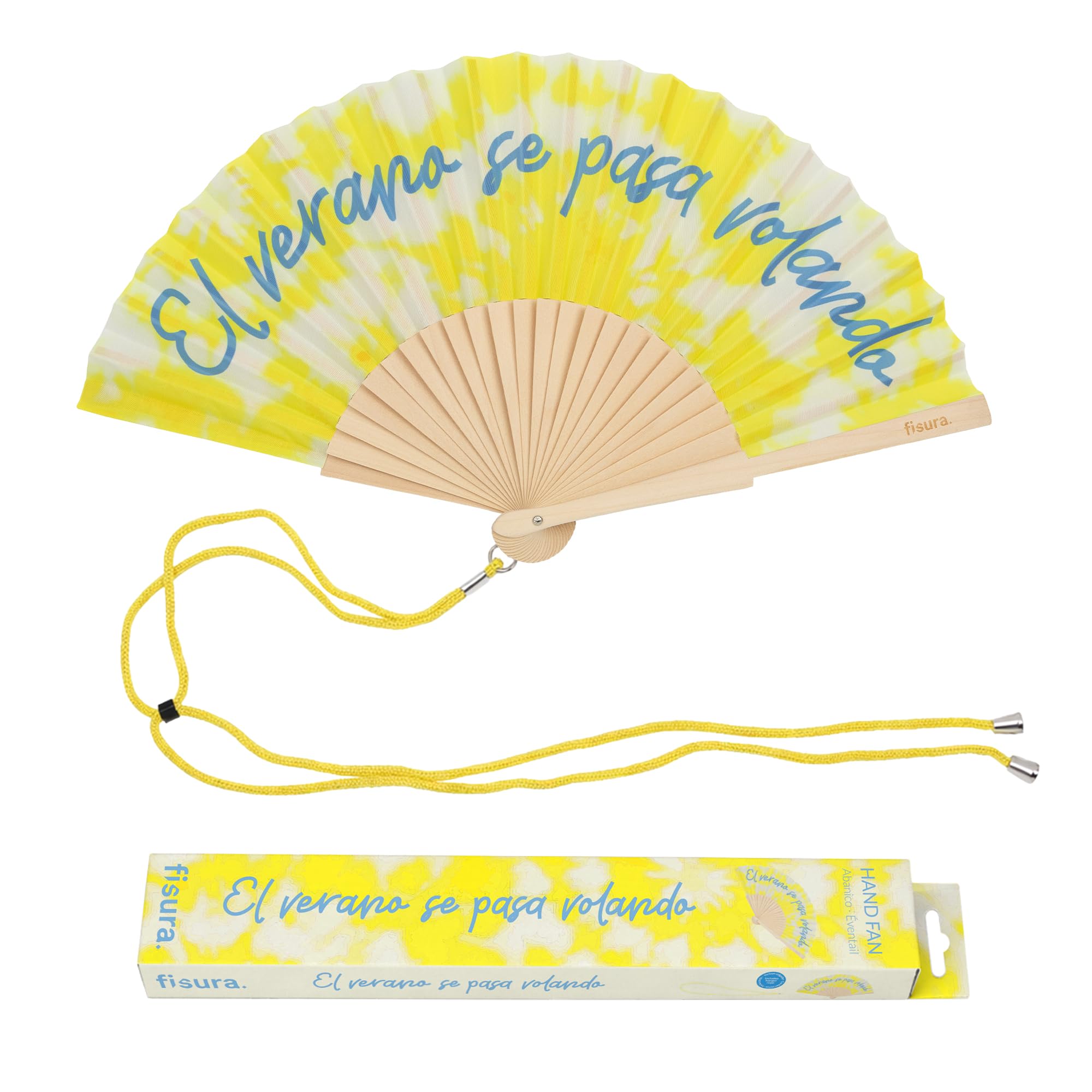 Fisura – Abanico Original con Mensaje “La Vida es Bella”. Abanico de Madera Moderno y Colorido. Ventilador de Mano Amarillo de Rayas. Colgador Incluido. Idea de Regalo Divertida. 42,5 x 23 cm — view 11