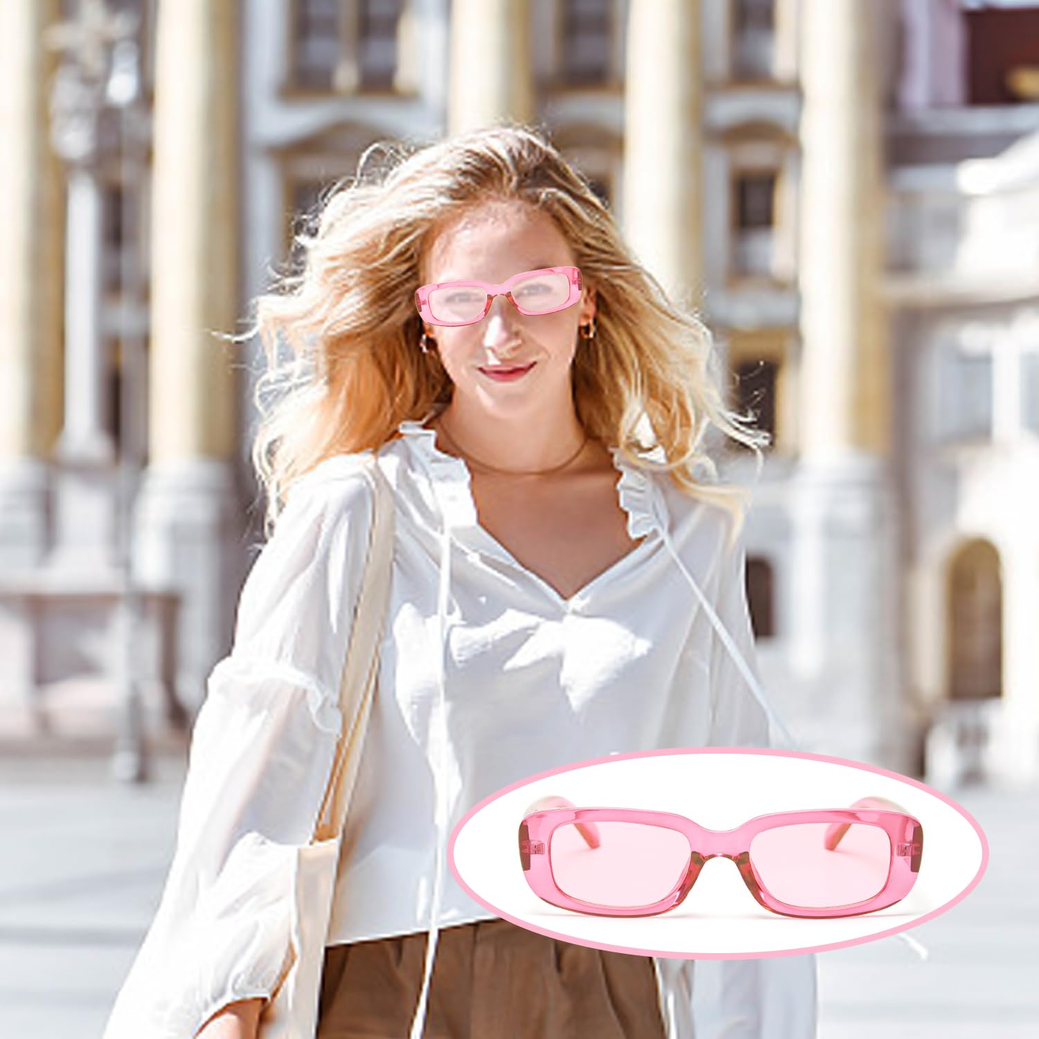 1 różowe okulary i 1 torba na okulary, modne okulary przeciwsłoneczne, prostokątne okulary przeciwsłoneczne, okulary przeciwsłoneczne retro, akcesoria odzieżowe, Różowy, M