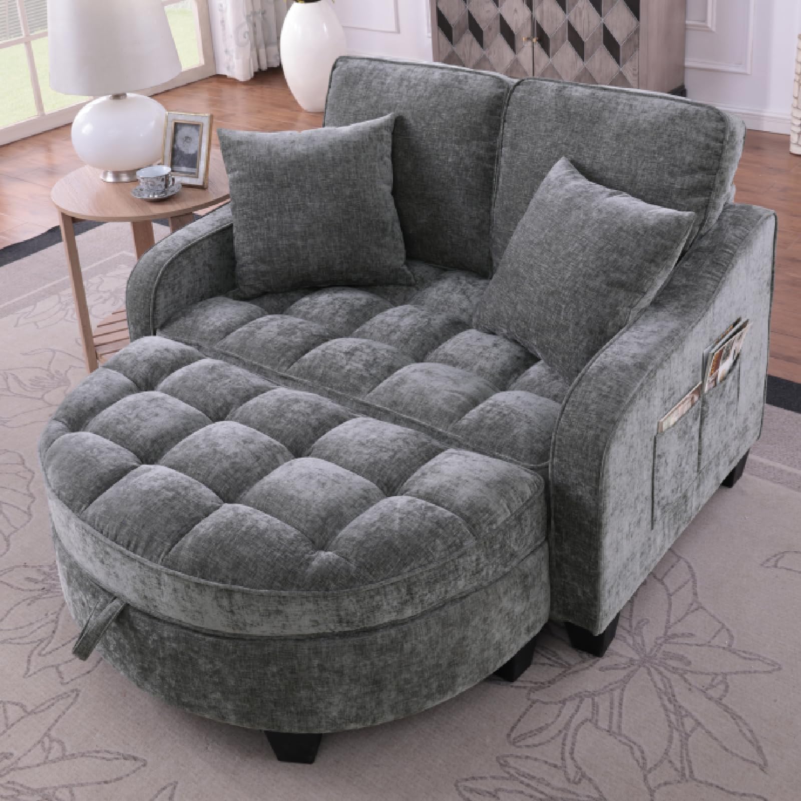 Sofá con función de dormir, sofá pequeño, chaise longue, sofá cama 2 en 1, taburete de almacenamiento y 4 cojines, para sala de estar, estudio, dormitorio, 132 × 129 × 93 cm (gris oscuro)