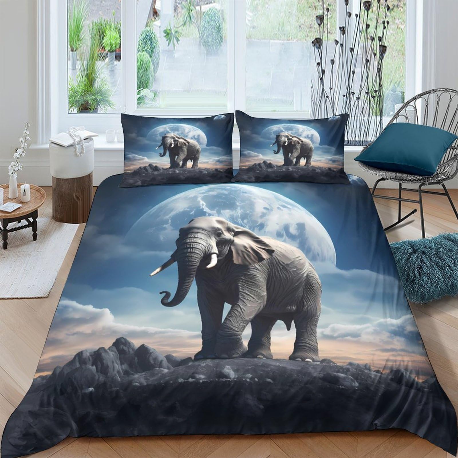 Ctjqhvkz Style-7 3D Printed Elephant Moon Fitted Sheet Microfiber Soft Breathable Wildlife Landscape Bed Cover For Bedroom Decor Single（135X200cm）