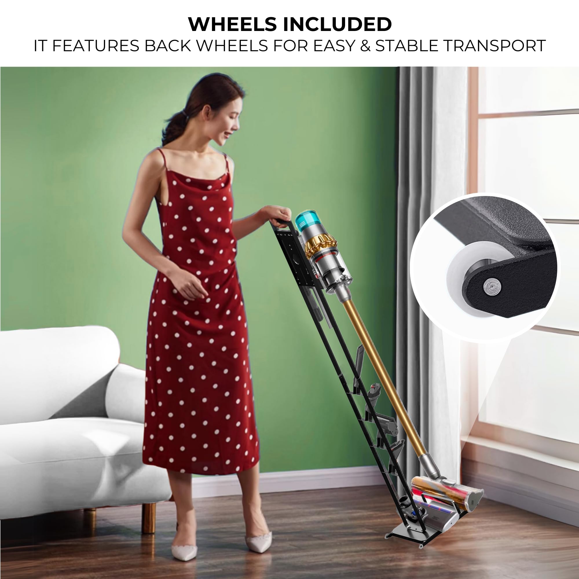 Supporto per Aspirapolvere Compatibile con Dyson V15 V12 V11 V10 V8 V7 V6 - DC45/ DC35/ DC58/ DC59/ DC62/ DC74- Organizzatore da Pavimento con Ruote Senza Forare Il Muro.