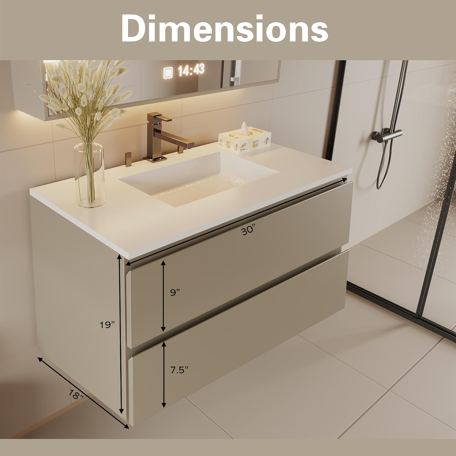 31" Wall-Mount Bathroom Vanity Set – Modern Floating Vanity with One-Piece Sink Top, Plywood Construction, Roma Clay