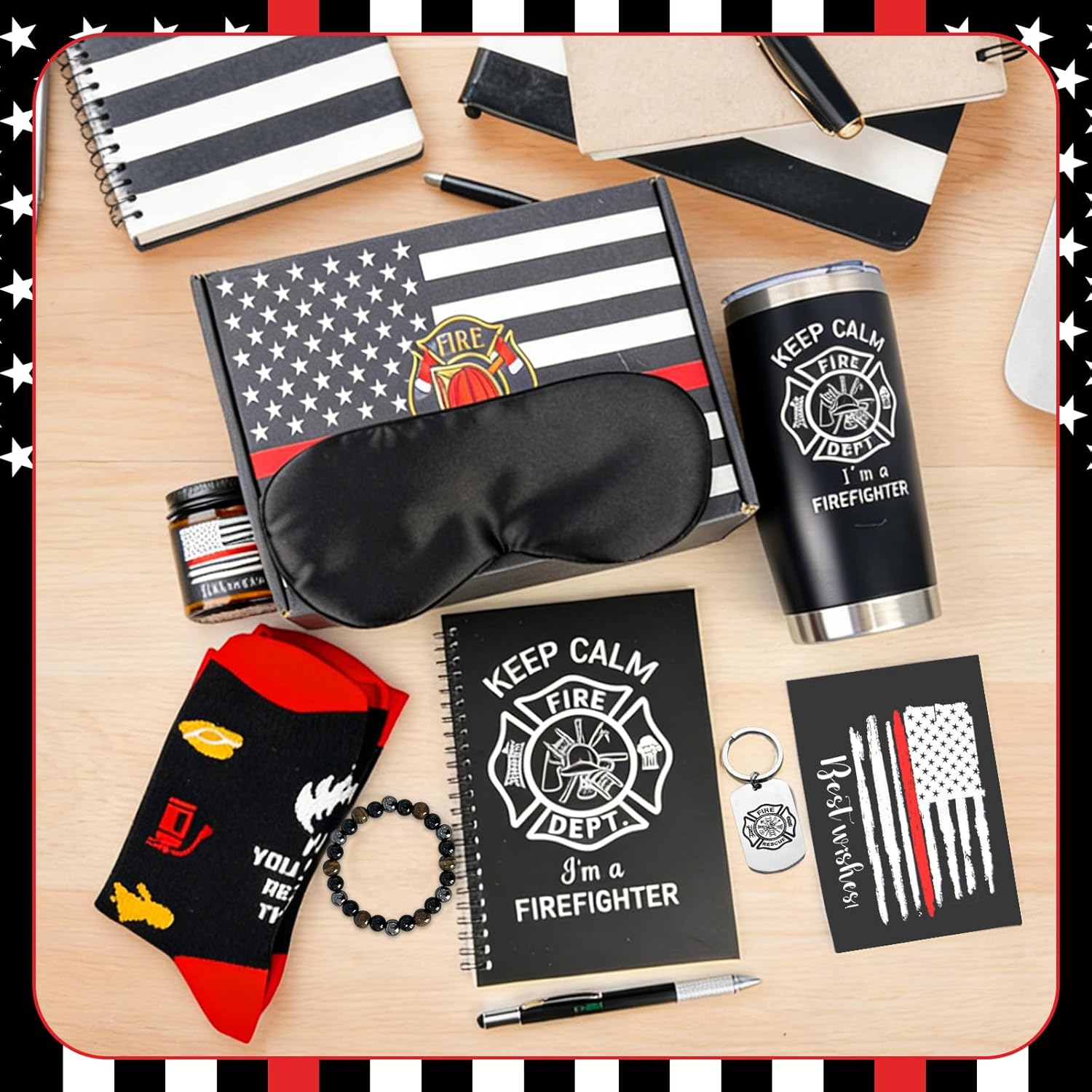 10 Pcs Firefighter Gifts Set for Men Fireman Gifts Bulk Include Notebook Pen Tumbler Keychain Sock Aromatherapy Eye Mask for Firefighter Dad Husband Son Birthday Graduation Present Party Favors