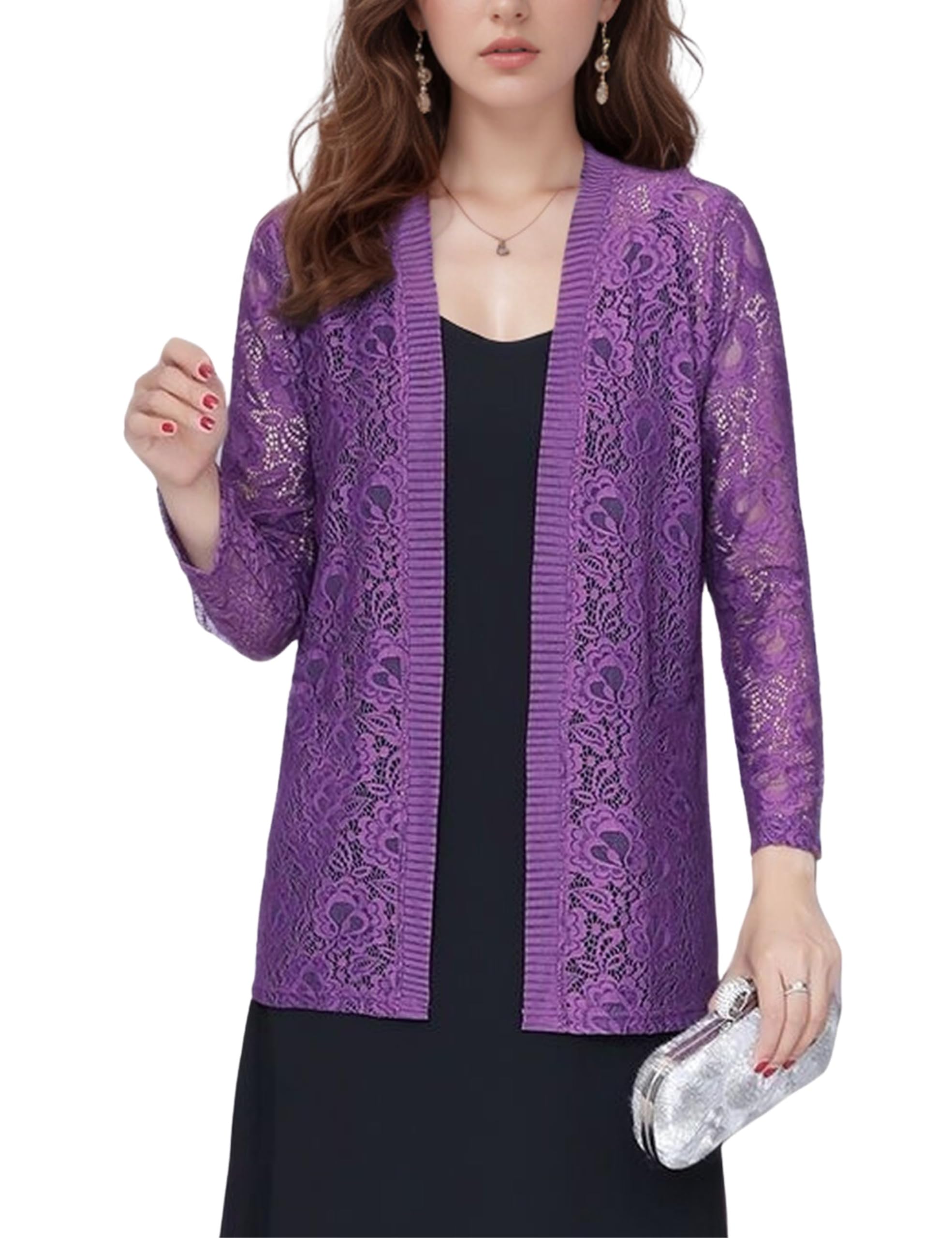 FindThy Women’s 3/4 Sleeve Lace Cardigan Long Sleeve Open Front Floral Crochet Shrug Cover Up