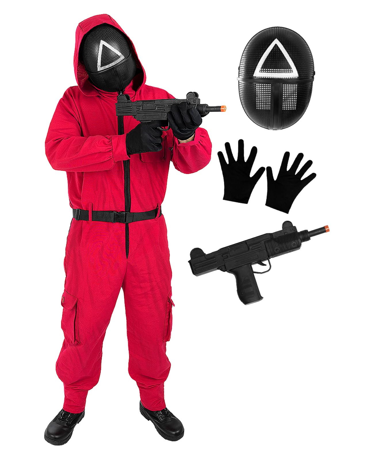 Funidelia Offizielles Squid Game Netflix Kostüm für Herren und Damen mit Dreiecksmaske und Waffe, Overall Squid Game für Erwachsene, Karneval, Halloween und Partys – Größe S - M
