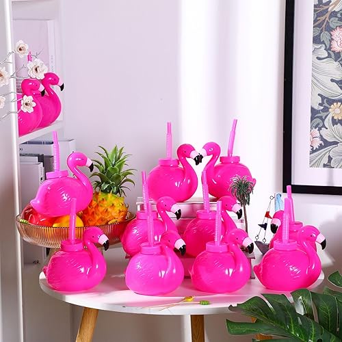 Miniatura 4 de Lallisa Paquete de 12 tazas de flamenco de 17 onzas con pajitas y tapas para decoraciones hawaianas Luau de plástico tropical, playa, verano, para