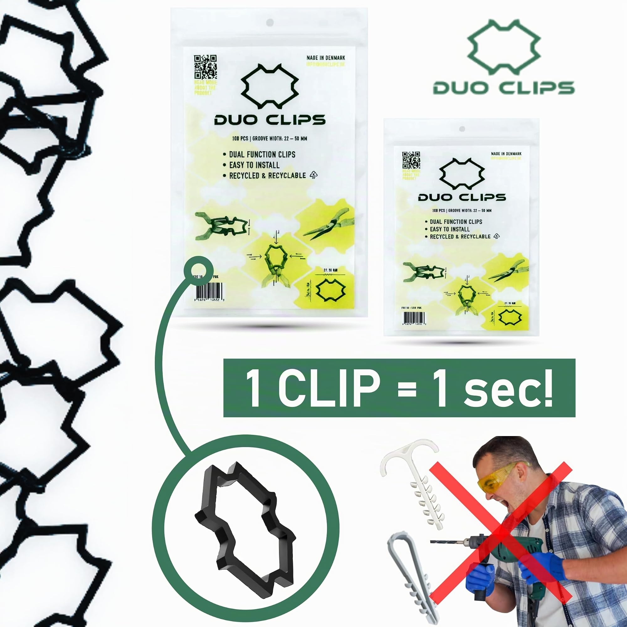 DUO CLIPS 100 Pezzi Tassello per Cavi 22-50 mm Supporto Universale | Muro Clip, Gancio per cavi, Clip per cavi, Supporto per Cavi e Tubi (100)