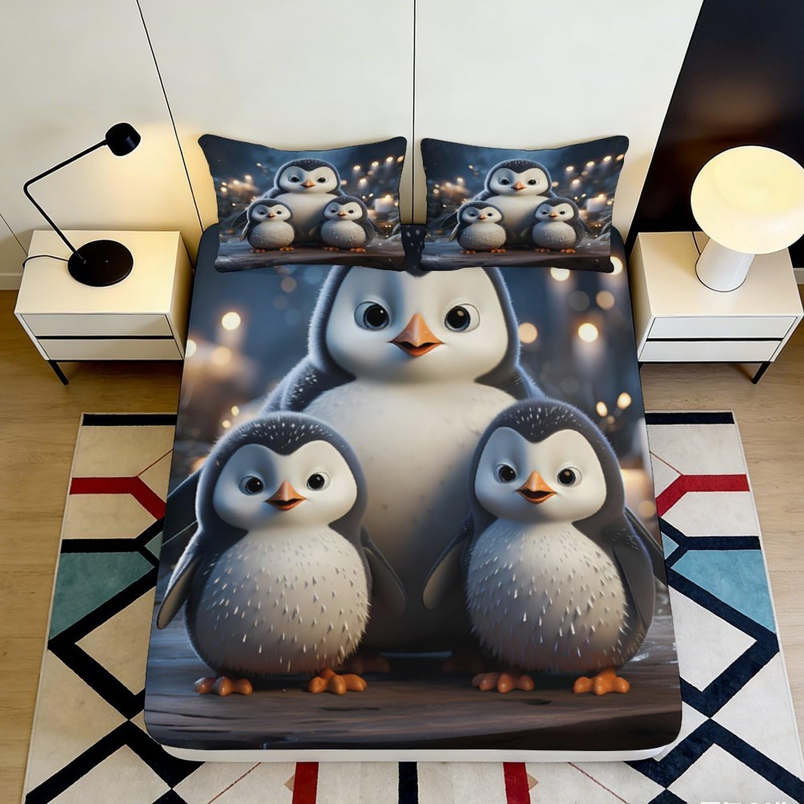 3D Printed Cute Penguin Fitted Sheet Microfiber Soft Breathable Family Penguin Mattress Cover for Bedroom Dormitory Guest Room Protection Decor 120x200x25cm