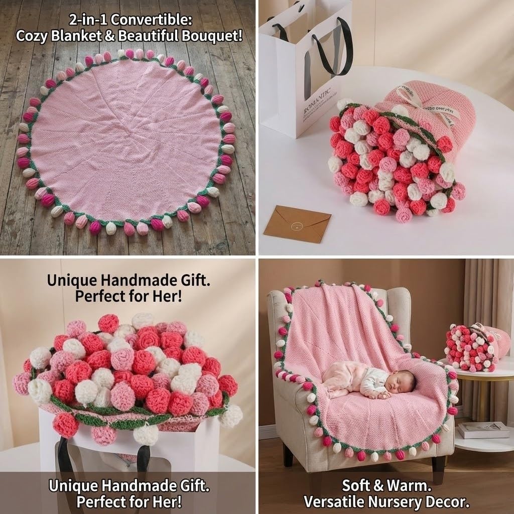 Crochet Rose Flower Bouquet Blanket - Finished Rose Knitted Throw (Not a Kit), Soft Flower-Shaped Blanket for Gift for Girlfriend, Mom, Wife,Mother's Day and Wedding Anniversary(Pink)