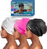 Vista 12 de Paquete de 3 gorros de natación extra grandes para trenzas y rastas, gorro de natación de silicona impermeable para mujeres con cabello largo