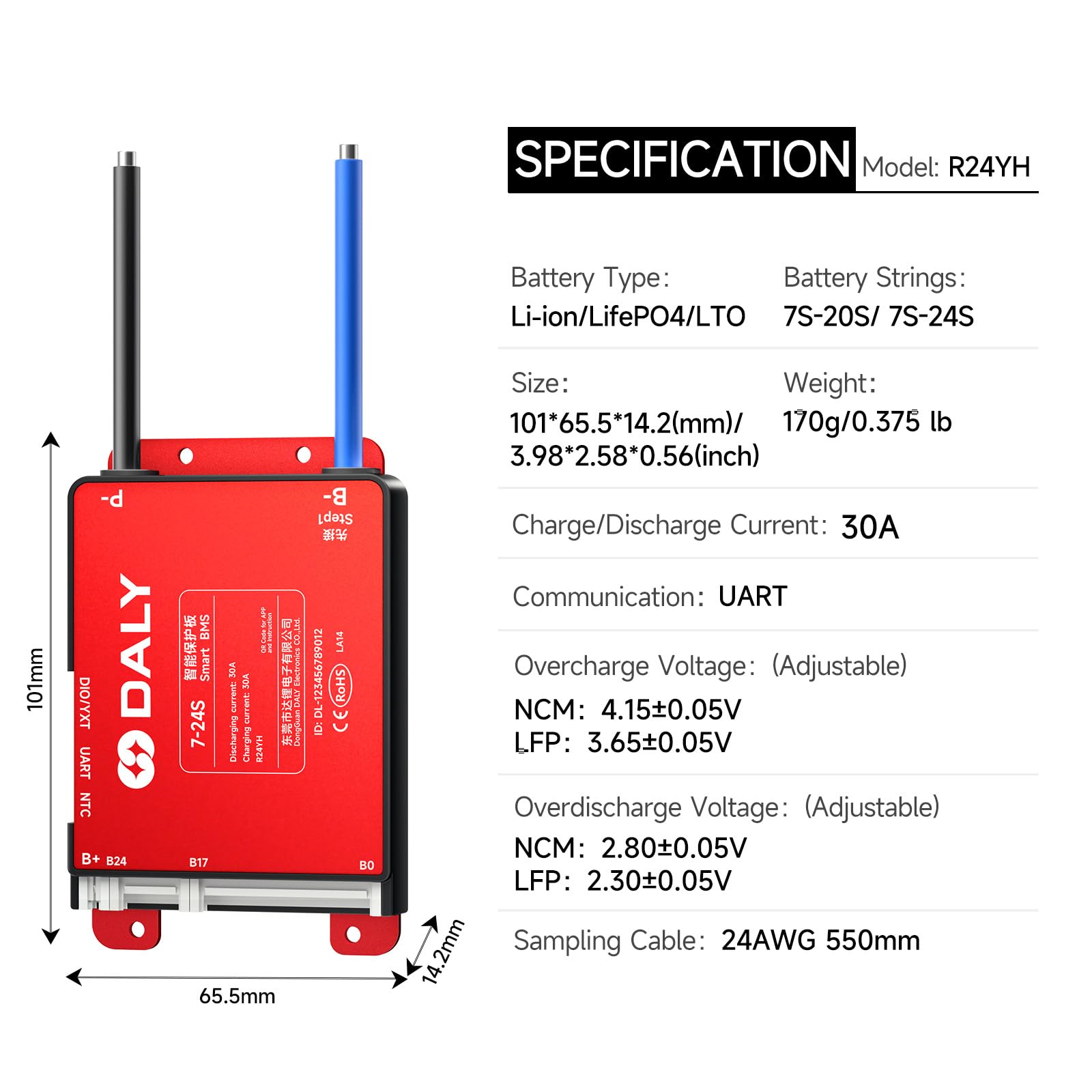 DALY BMS 24V–84V 30A – Integriertes Bluetooth, 7S–24S Li-Ion LiFePO4 LTO Smart Lithium Batteriemanagementsystem