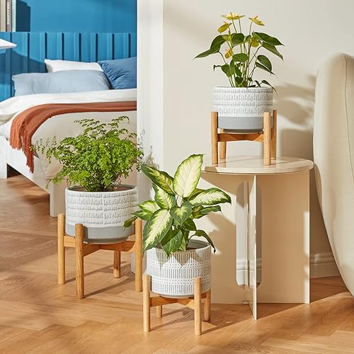 Miniatura 4 de LA JOLIE MUSE Maceta de cerámica con soporte de madera, maceta decorativa redonda moderna de 7.3 pulgadas para interiores con soporte para maceta de
