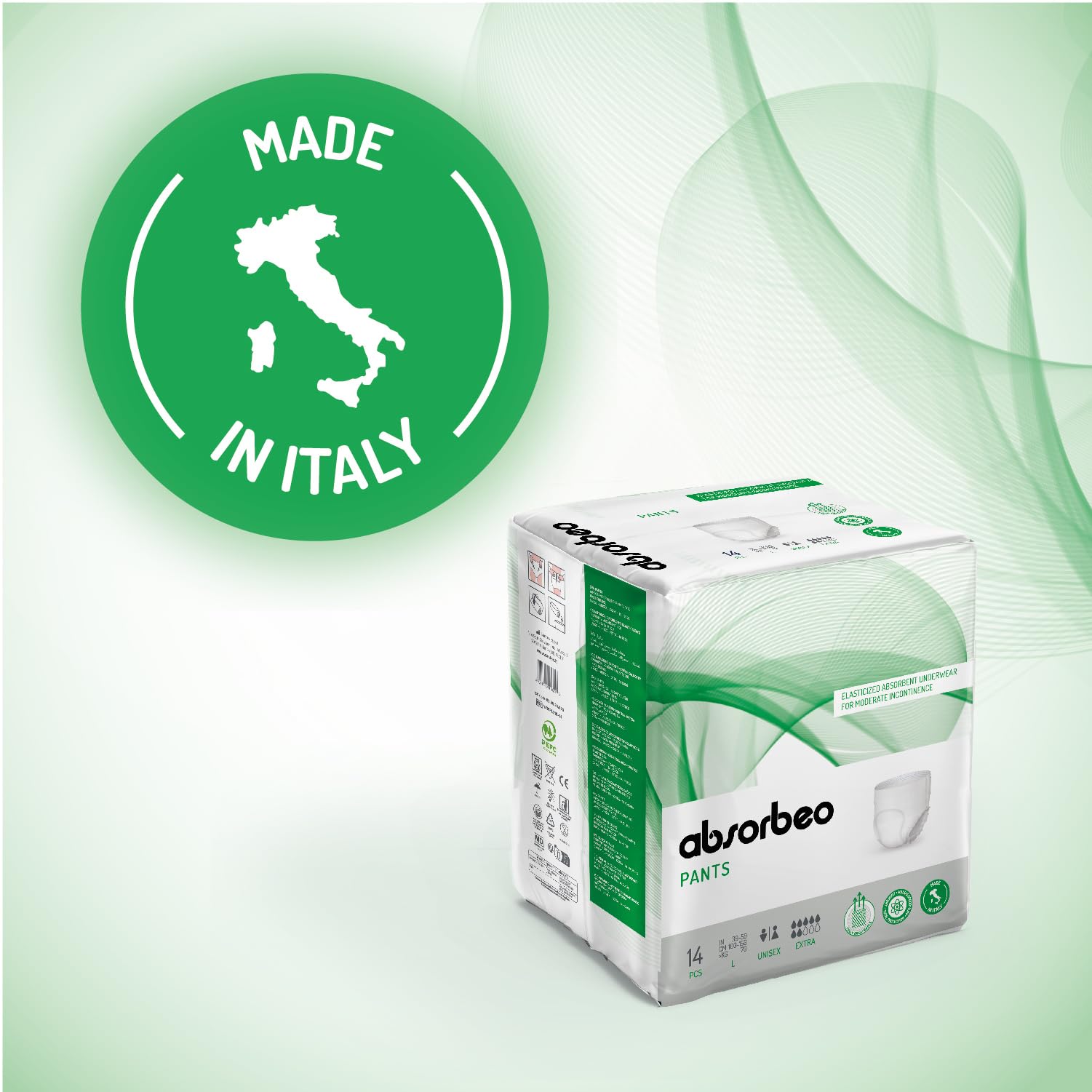 Absorbeo Pants Extra,Braga-Pañal para Adultos, Absorbentes y Elásticas para Incontinencia Moderada, Confort Absoluto, Protección ,Antiolor,Totalmente Transpirable, Unisex, L,14 Unidades (Paquete de 1)