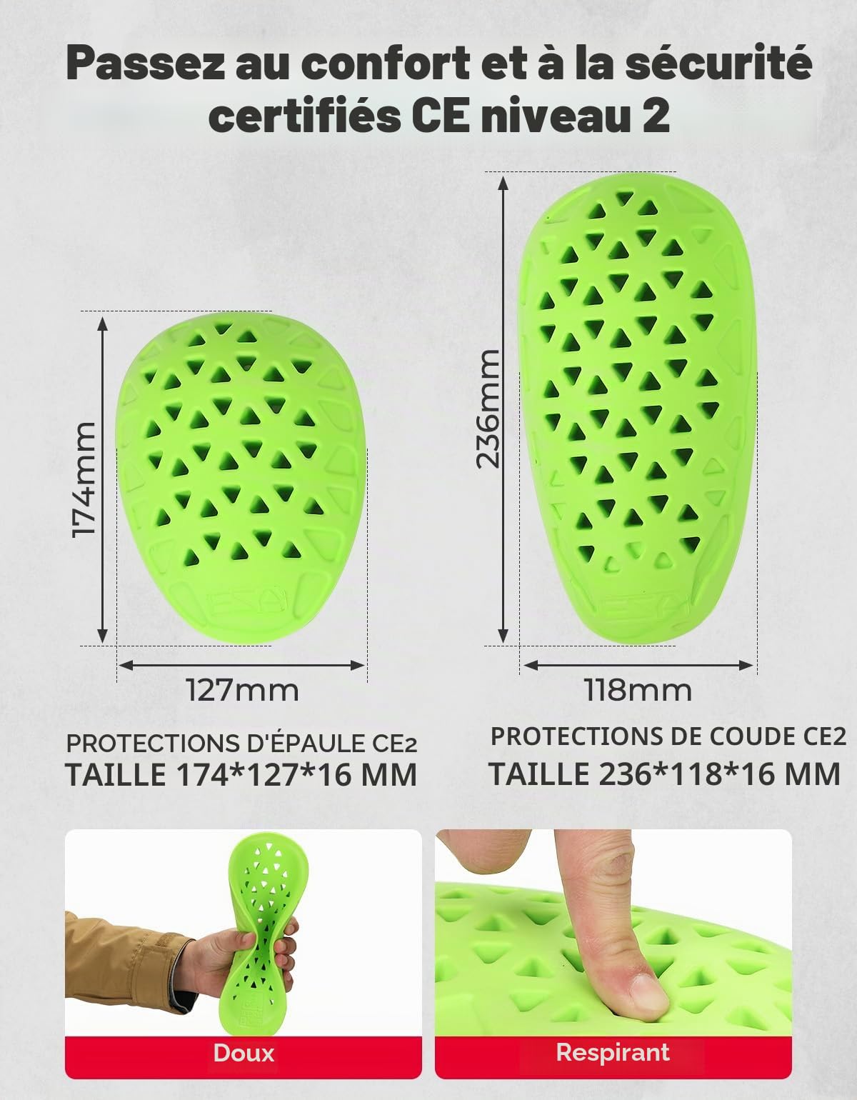 KEMIMOTO CE-2 Protection Moto 5 Pièces, Dorsale Moto,Protection des Épaules et Protection des Coudes, Coques Amortisseurs pour Veste Moto, Cross et VTT, Unisexe Adulte