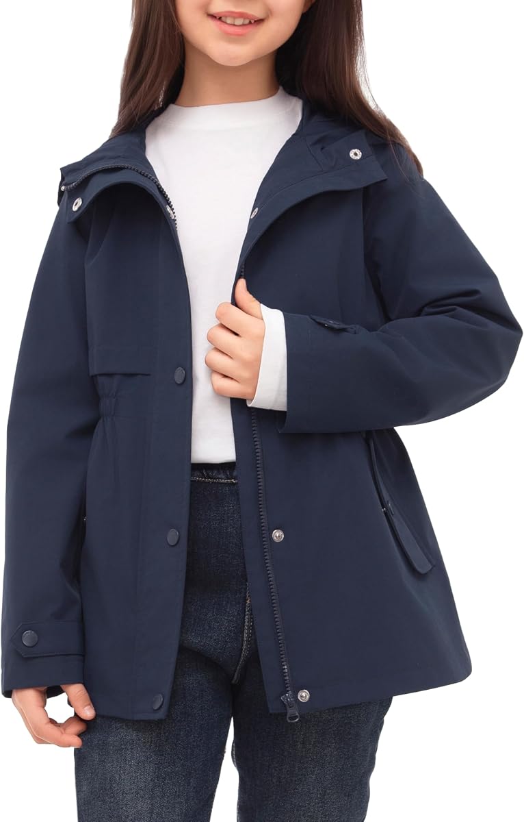 Girls' Water-Resistant Lightweight Hooded Windbreaker Jacket