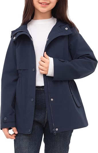 Rokka&Rolla Girls Water-Resistant Lightweight Hooded Windbreaker Jacket | Transitional|Soft|Rain|Water-Repellent Quick Dry Shell|Blocks Cold Wind|Stretchy Elastic Waistband|Customizable Fit