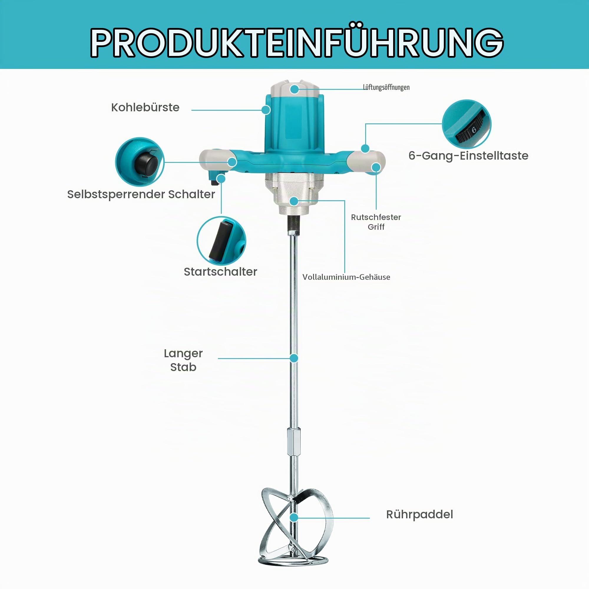 Elektrischer Hand-Zementmischer, 2600 W elektrischer Betonmischer mit 6 Geschwindigkeiten, 220 V Hand-Schlammmischer für Motar, Farbe, Fugenmörtel, Gips, Dünnbettmischer, Futterrührwerkzeug