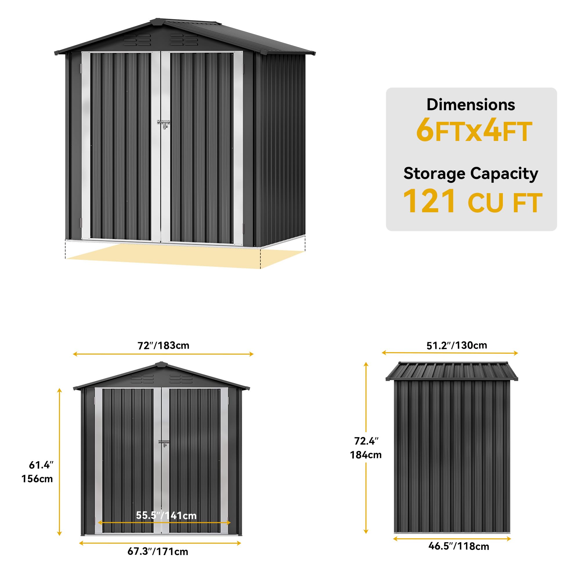 YITAHOME Gartenhaus, abschließbar, verzinktes Metall, Outdoor-Schuppen, wasserdicht, mit 4 Lüftungsschlitzen für Fahrrad, Werkzeug, Rasenmäher, Dunkelgrau, 171 x 98 x 184 cm