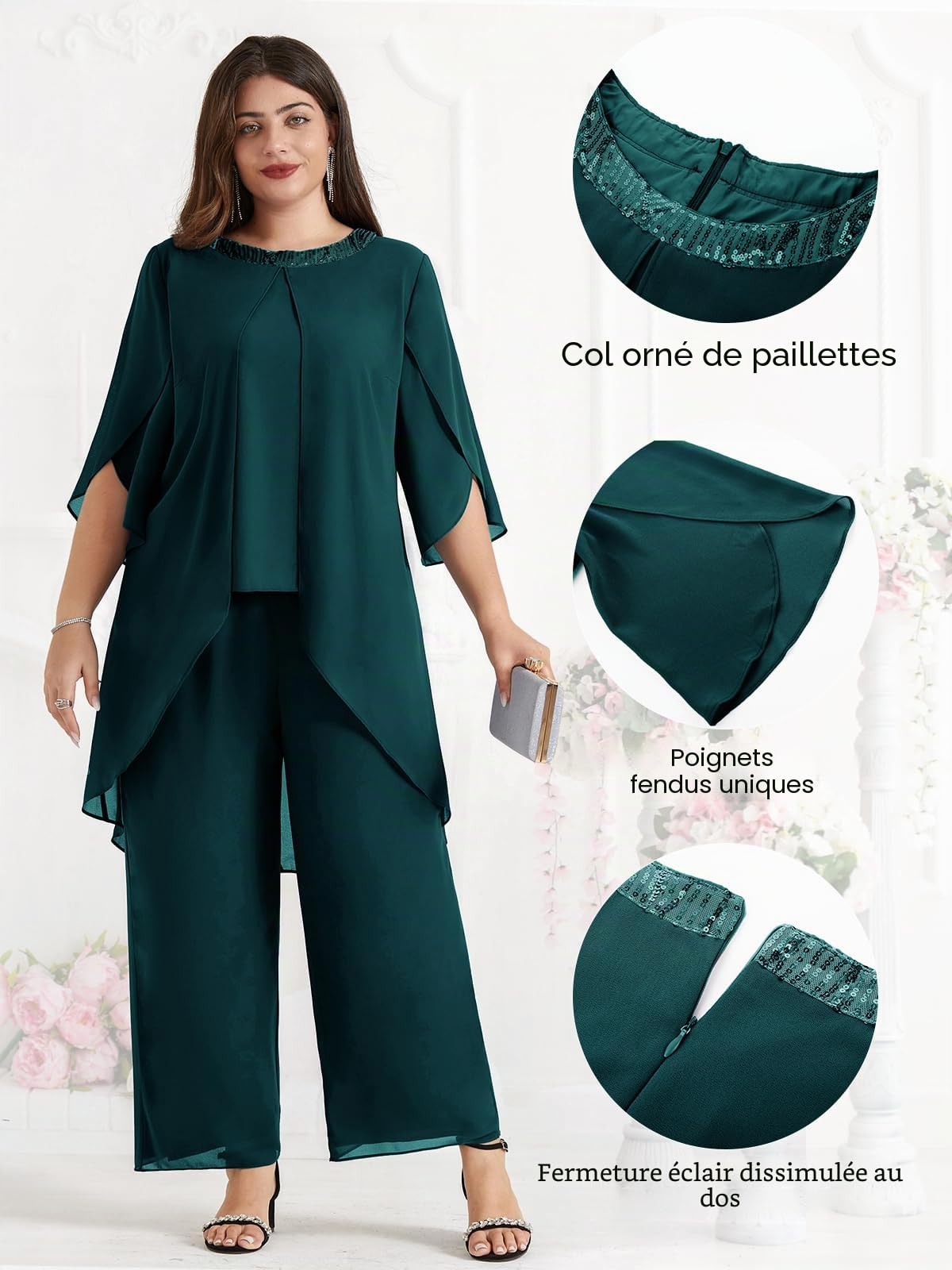 Hanna Nikole Tenue de mère de la mariée en mousseline de soie, tenue élégante à paillettes, col rond, taille haute, pour invités de mariage, festival et événements formels