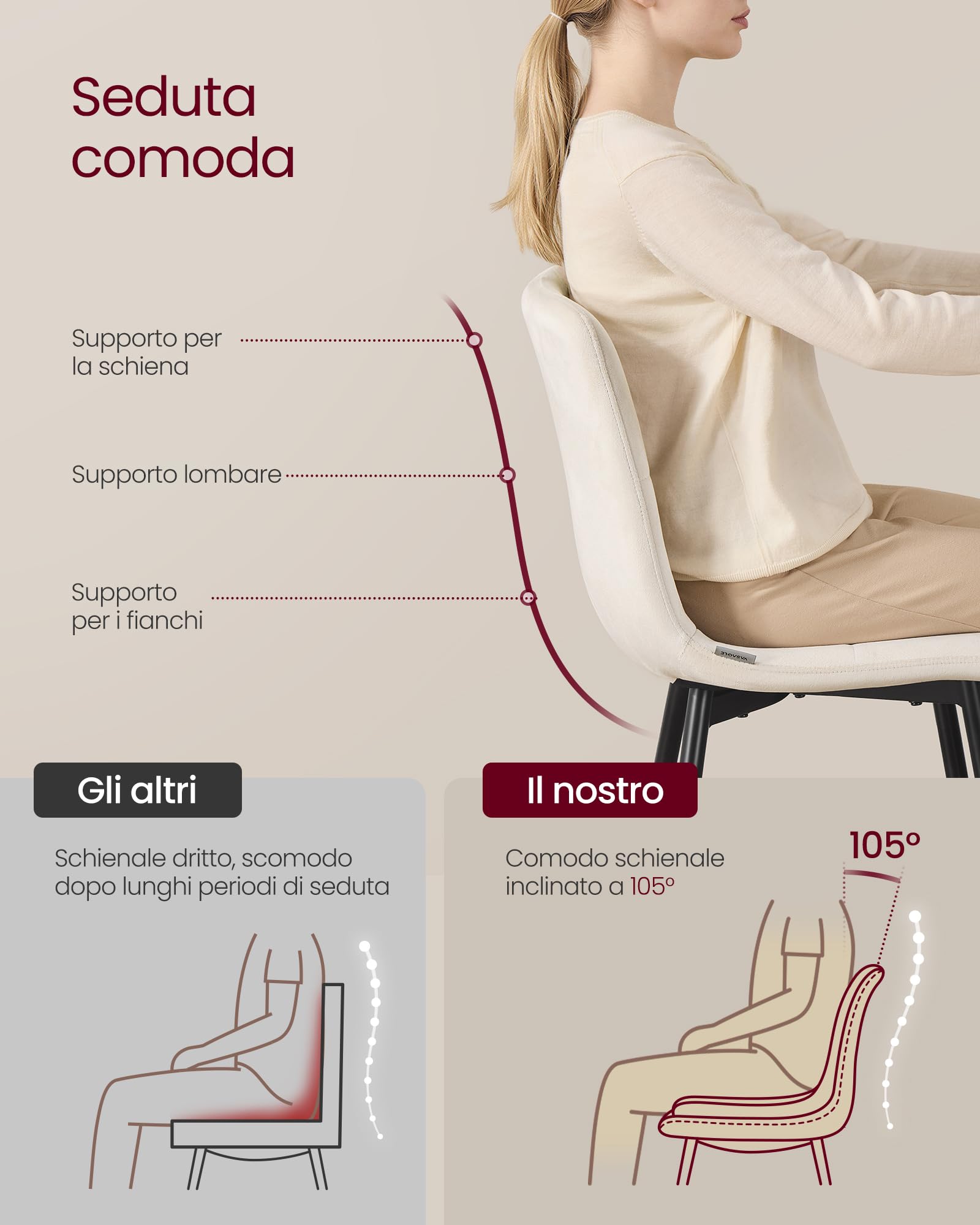 VASAGLE Sedie da Pranzo in Velluto, Portata 120 kg Ciascuna, Sedie da Cucina Imbottite con Piedini Regolabili, Moderno, per Soggiorno, Set di 4, Beige Cappuccino KDC080LH01