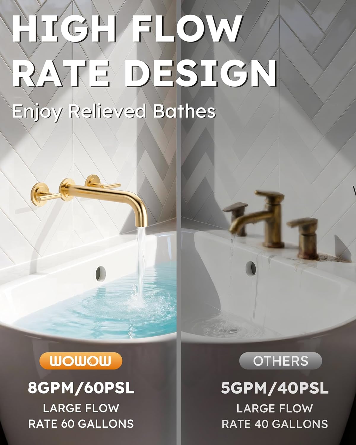 WOWOW Wall Mount Tub Filler: Gold Tub Faucet High Flow Two Handles Solid Brass, Long Spout Reach,Tub Faucet Bathroom Bathtub Faucets with 2 Handles Tub Faucets with Brass Rough in Valve Included