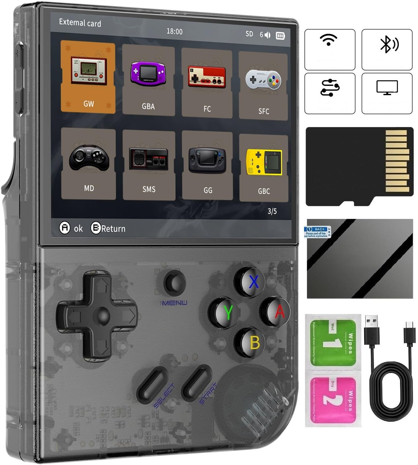 RG35XX Plus Retro Handheld Game Console ,3.5 Inch IPS Screen Linux System Built-in 64G TF Card 5515 Games Support TV Output 5G WIFI Bluetooth 4.2 (Transparent Black)