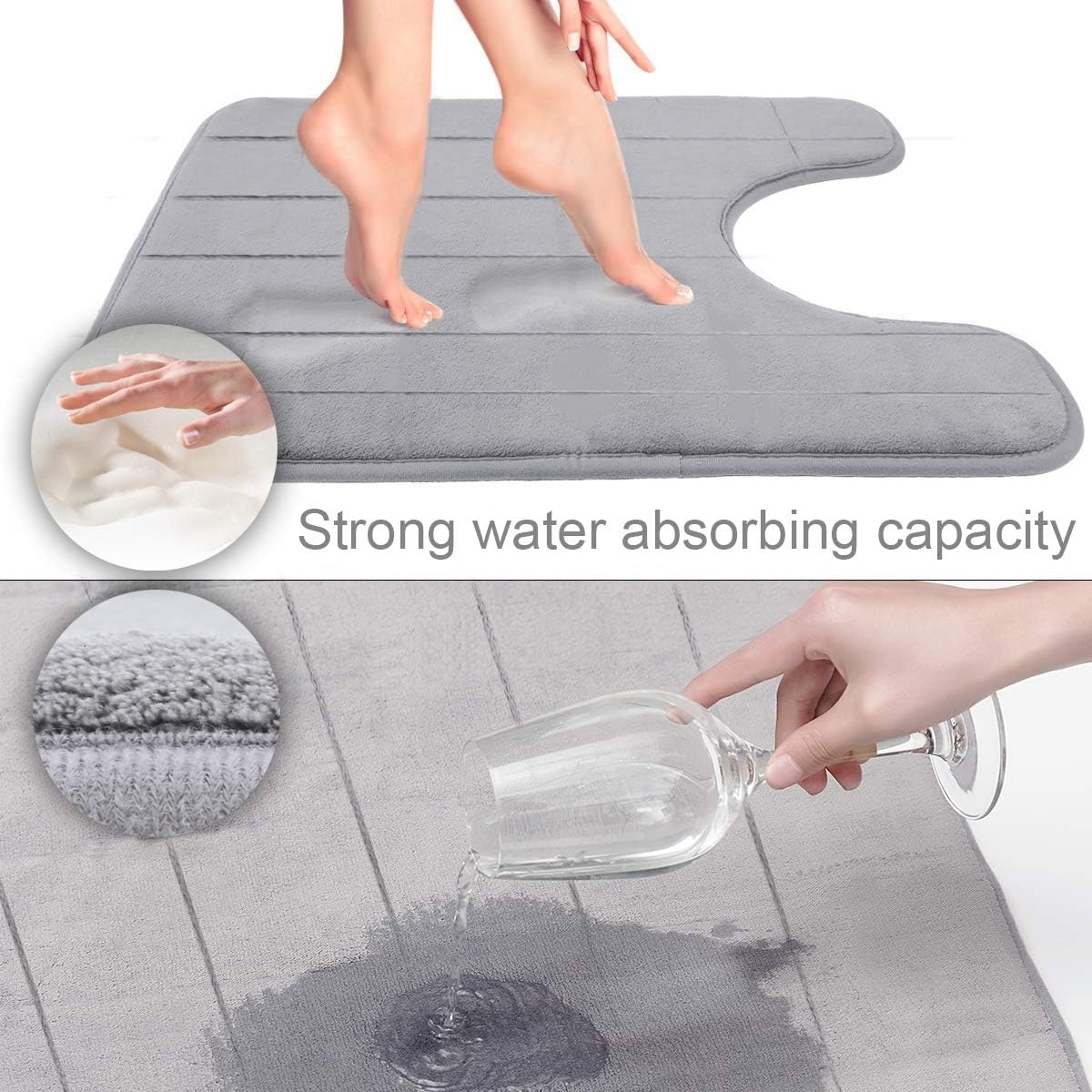 SUMLINK U-Shaped Loving High Density Space Memory Cotton Toilet Bathroom Carpet Floor Mats (15.7 x 23.6 Inch) (Grey)