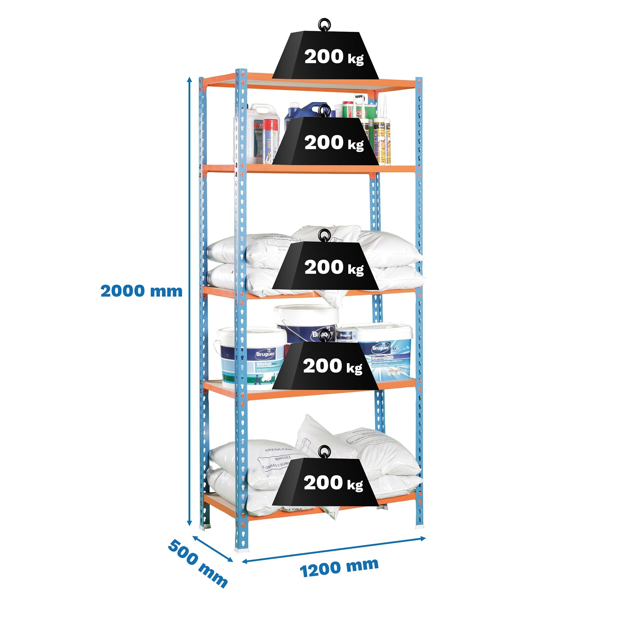 Simon Rack Estanterias Metalicas, Pack 9 Unidades, 2000x1200x500 mm, 5 Estantes Madera, 200 kg de Punto Flexión, Estanterias Almacenaje, Azul/Naranja/Madera - Maderclick