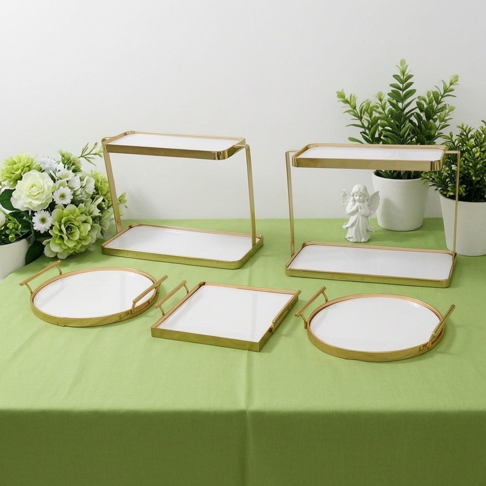 rockible 5 Pezzi Set di Alzatine con Vassoi Rotondi e Quadrato Alzatina Ceramica Elegante Vassoio da Esposizione con Bordatura per Feste