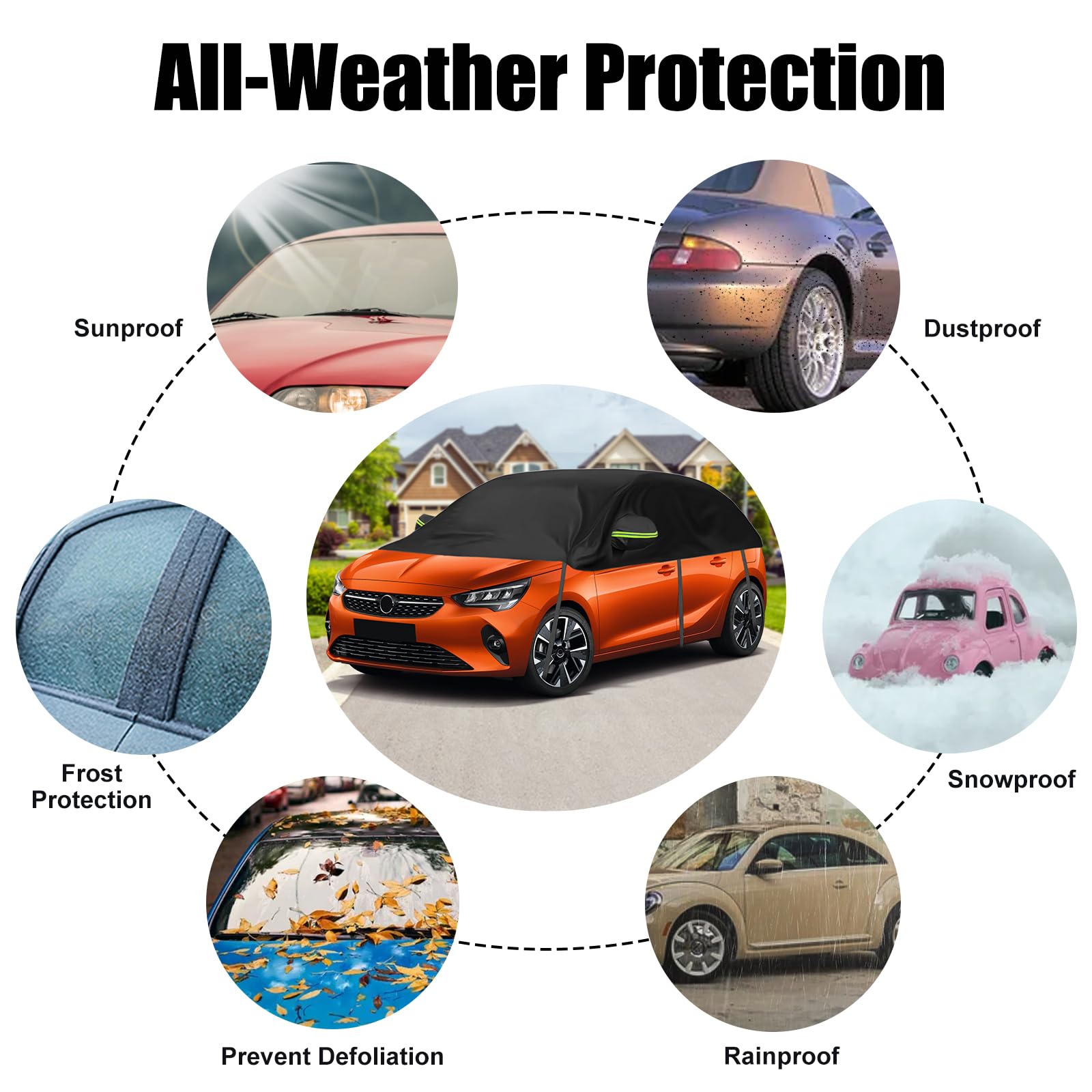 Housse de Voiture Remplacement pour Opel Corsa D Renault Clio, Universelle Demi-Housse de Voiture Résistante au Soleil, Demi-Bâche de Garage Résistante Aux UV pour Extérieur et Intérieur | Demi-garage imperméable et résistant aux UV, à la poussière et à l
