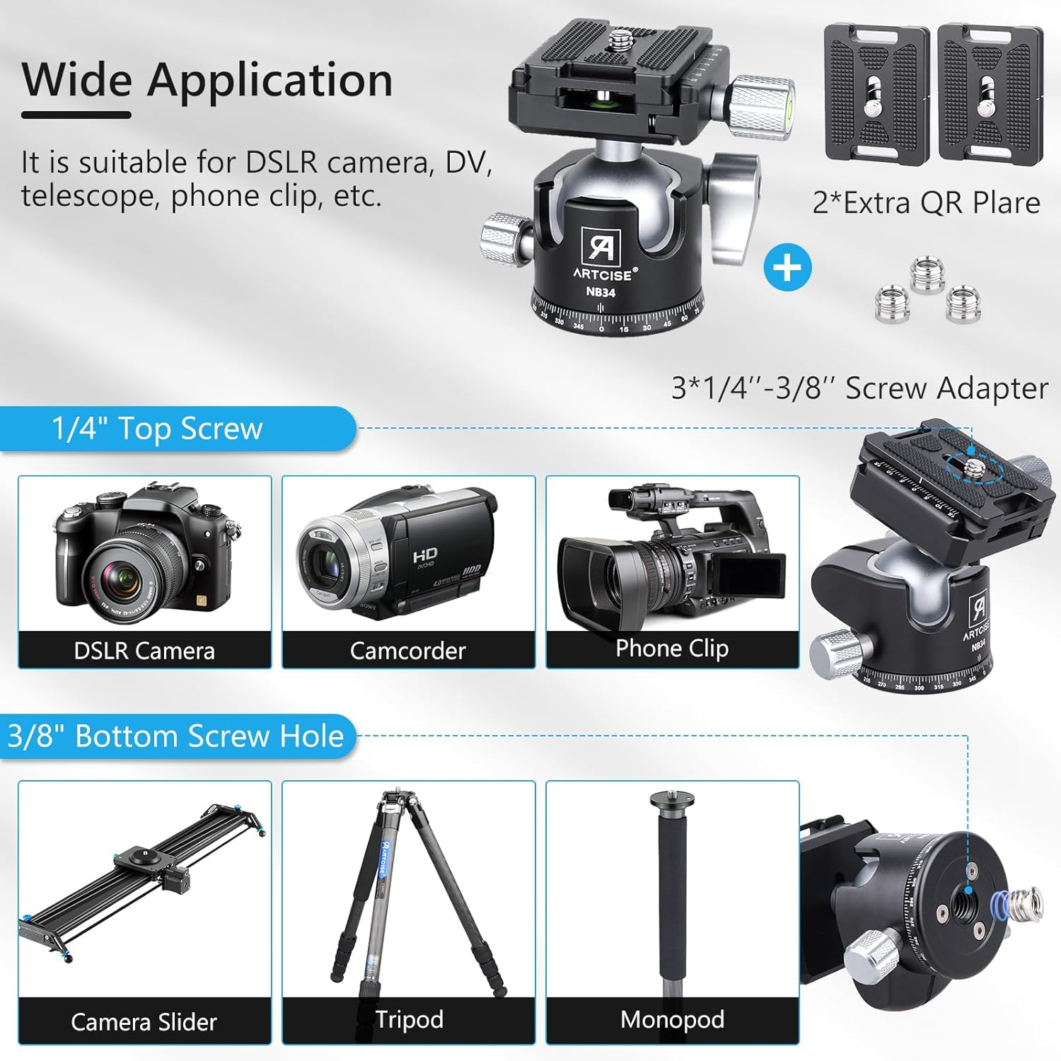 34mm Ball Low Profile Tripod Head with 2 Arca Swiss Quick Release Plates Professional CNC Aluminum 360 Rotating Panoramic Ball Head for DSLR Cameras Monopod Camcorder Slider Max Loading 33.1lbs/15kg