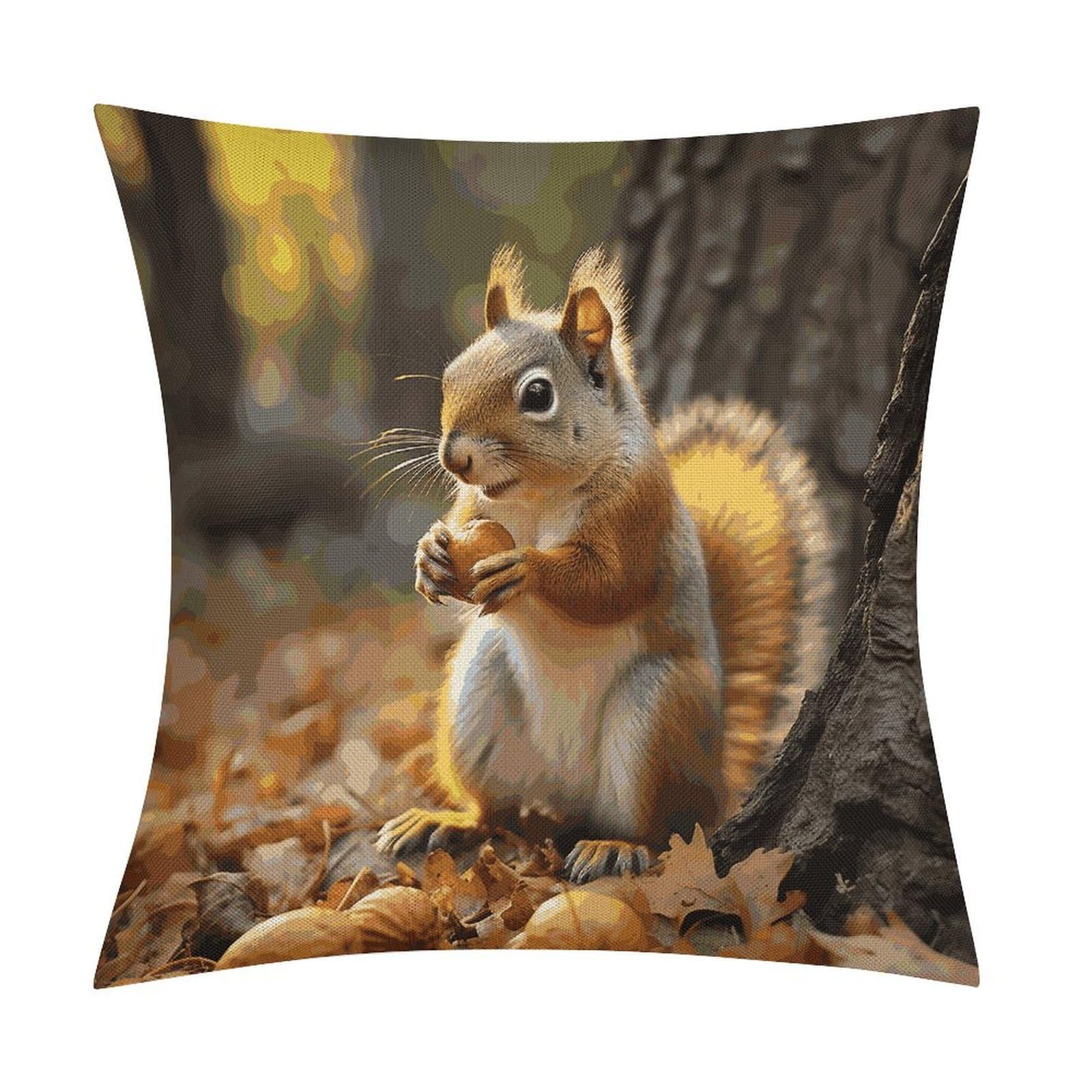 JTREHY Cute Squirrel Eating Nuts Throw Pillow Covers Farmhouse Pillow Cover Standard Pillow Shams Decorative Square Pillowcases Soft Pillow Cases Wrinkle Fade Resistant for Couch Home 18x18 Inch