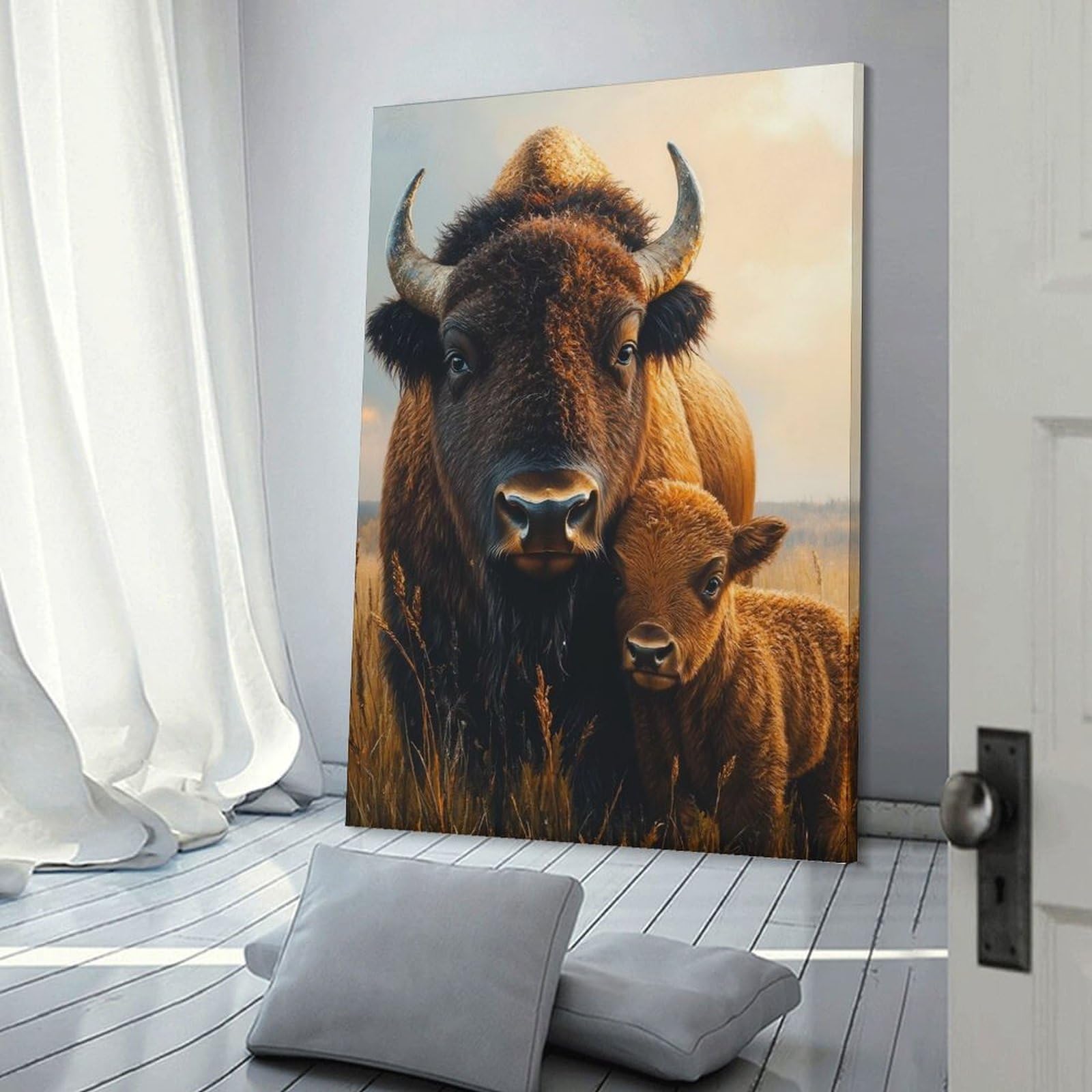 Junmoney Hanging Wall Art Bison Mother And Calf Portrait, 24x36inch(60x90cm), for Gallery Wall Layouts in Home Or Office, An Easy Match for Collected Prints