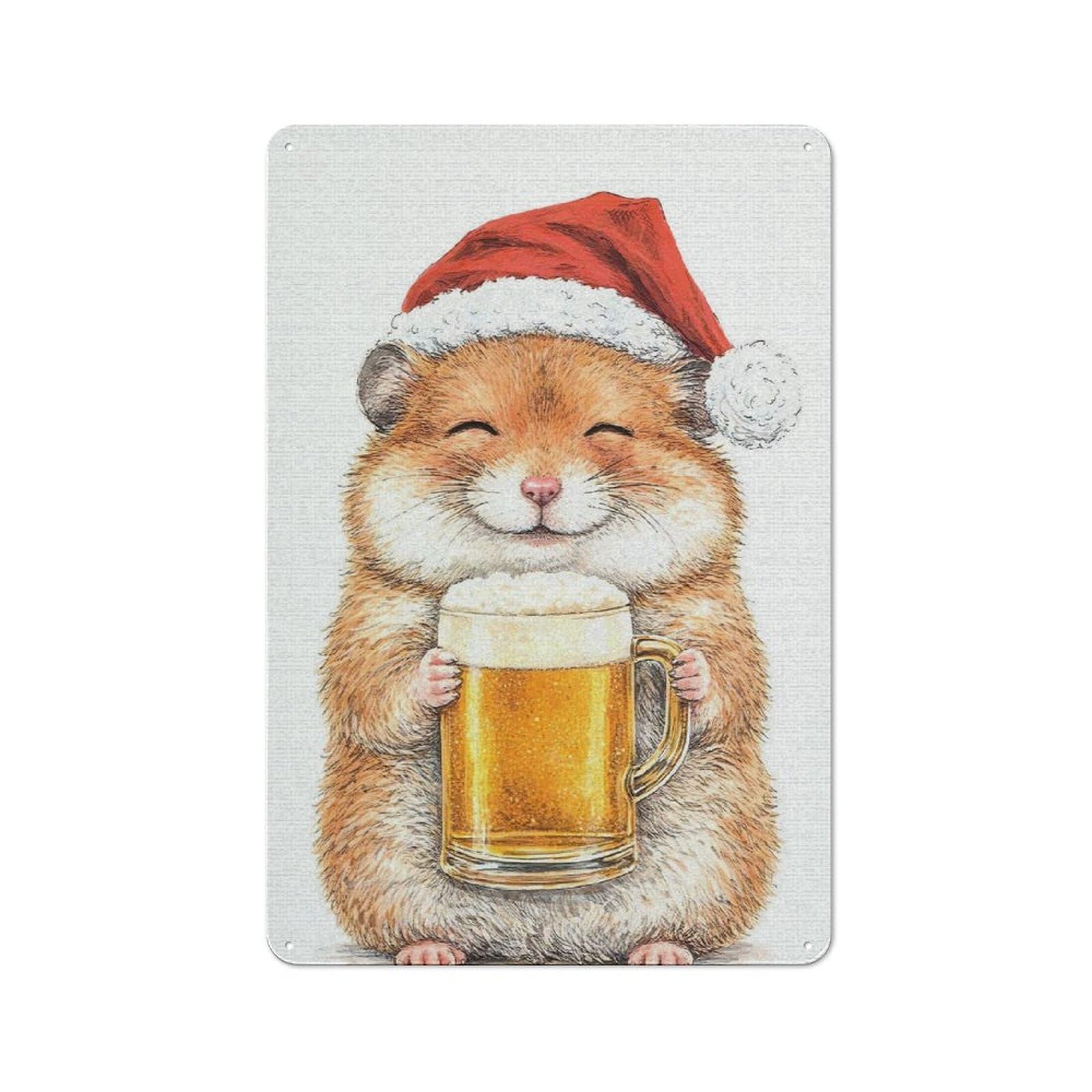 Junmoney Style-1 Hamster In Santa Hat With Beer Vintage Tin Sign 30X20cm For Café Or Restaurant, Suited To Café Owners And Decorators