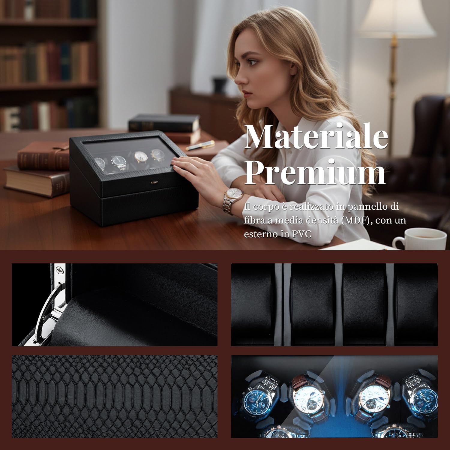 Mcbazel Carica Orologi Automatico Ultra Silenzioso con Luce LED, Scatola di Conservazione di Lusso per 6 Orologi con 5 Modalità di Rotazione e 6 Posizioni di Conservazione Aggiuntive