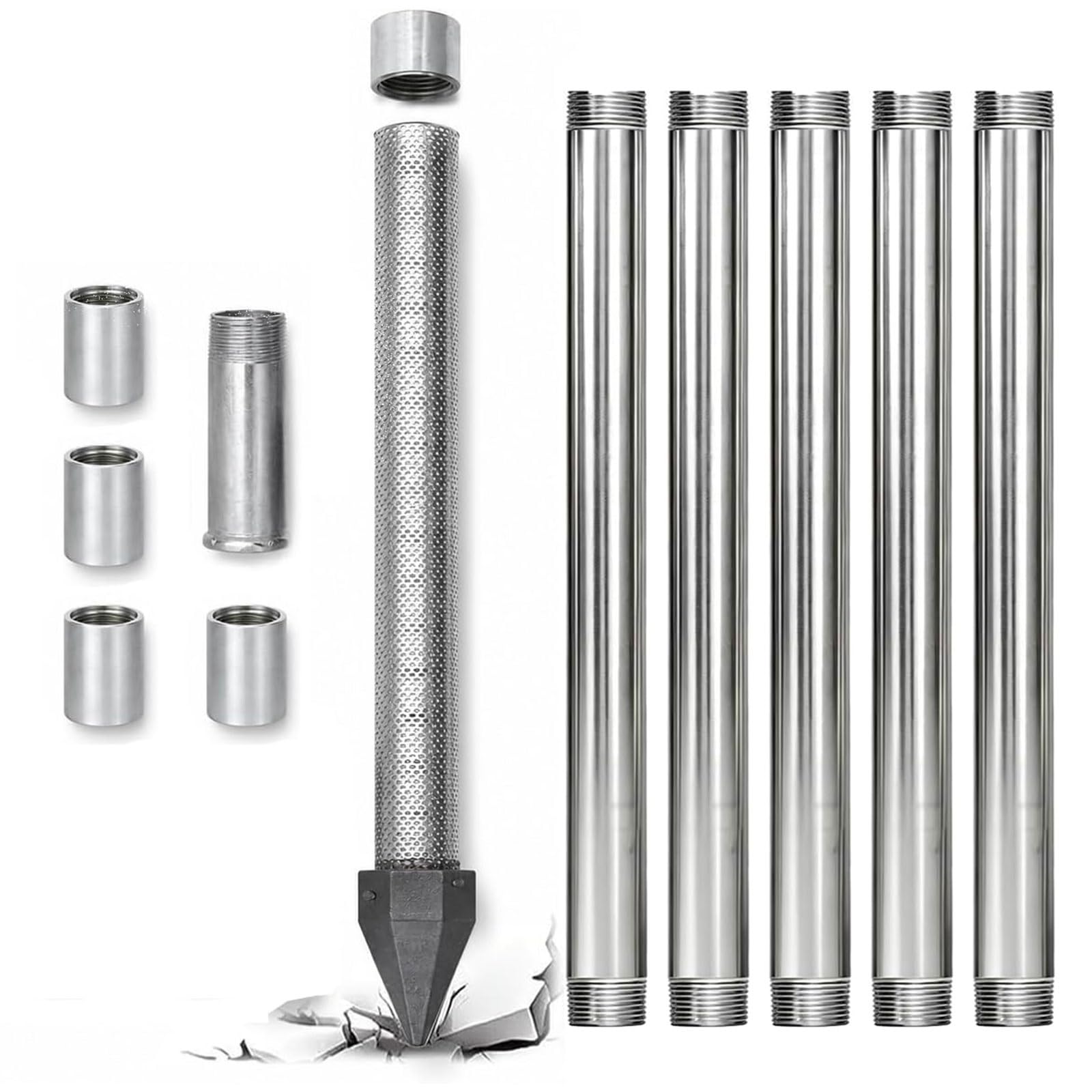 Kit pozo artesanal: punta reforzada, filtro acero 60 mesh, rosca 1 1/4", solución fiable para captación nivel freático, riego ecosostenible de huertos(6m)